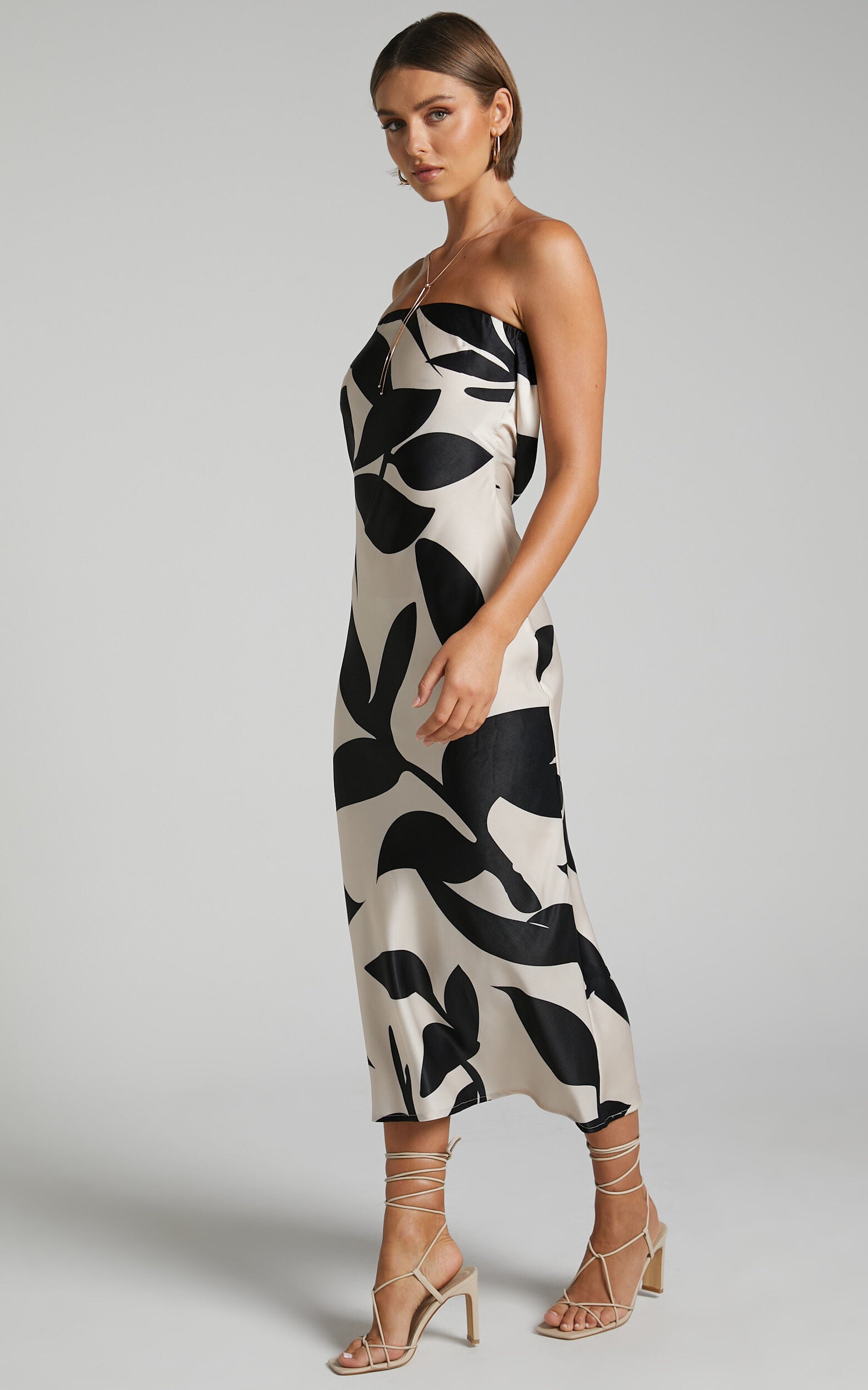 Madelyn Midi Dress - Strapless Palm Print Satin Dress in Cream and Black Shadow Print