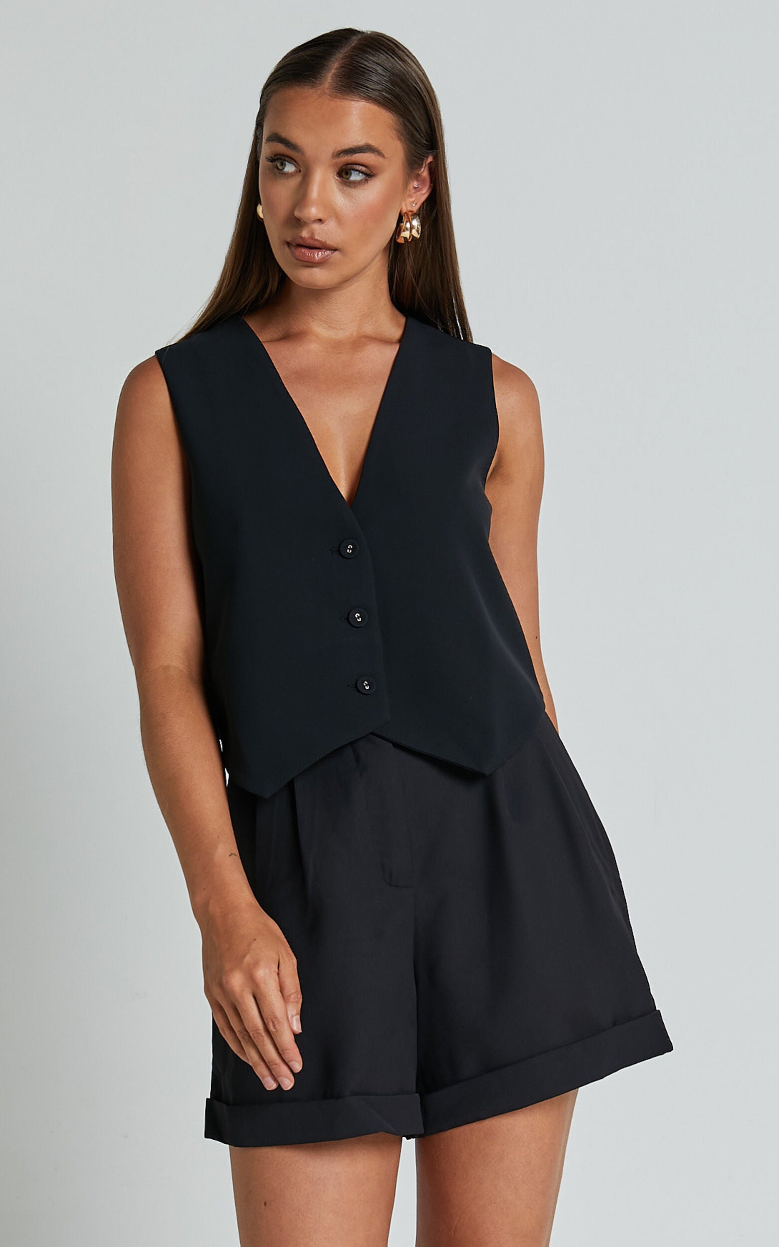 Charla Shorts - High Waisted Cuffed Hem Shorts in Black