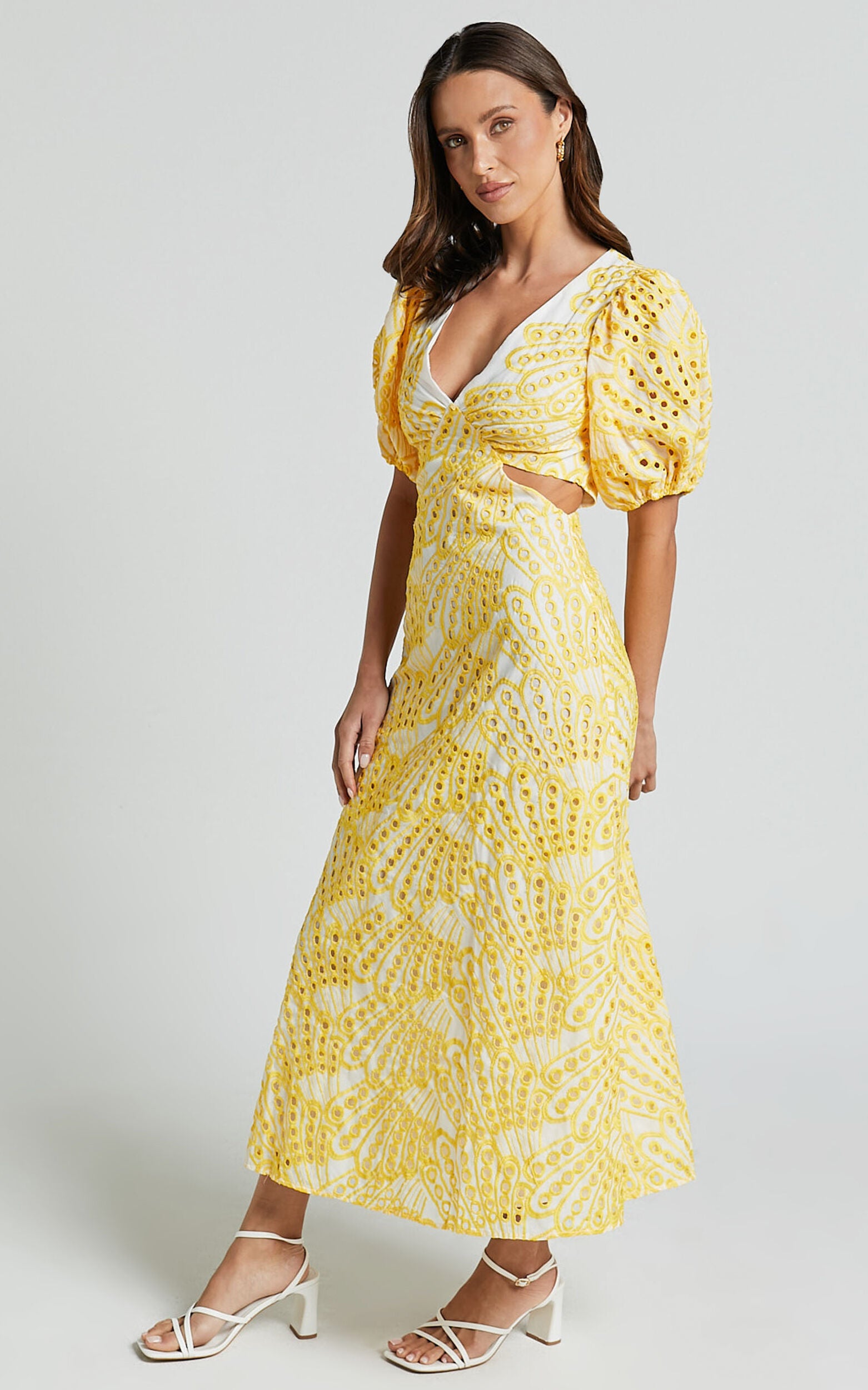 Imogen Midi Dress - Plunge Neck Puff Sleeve Side Cut Out Dress in White and Yellow
