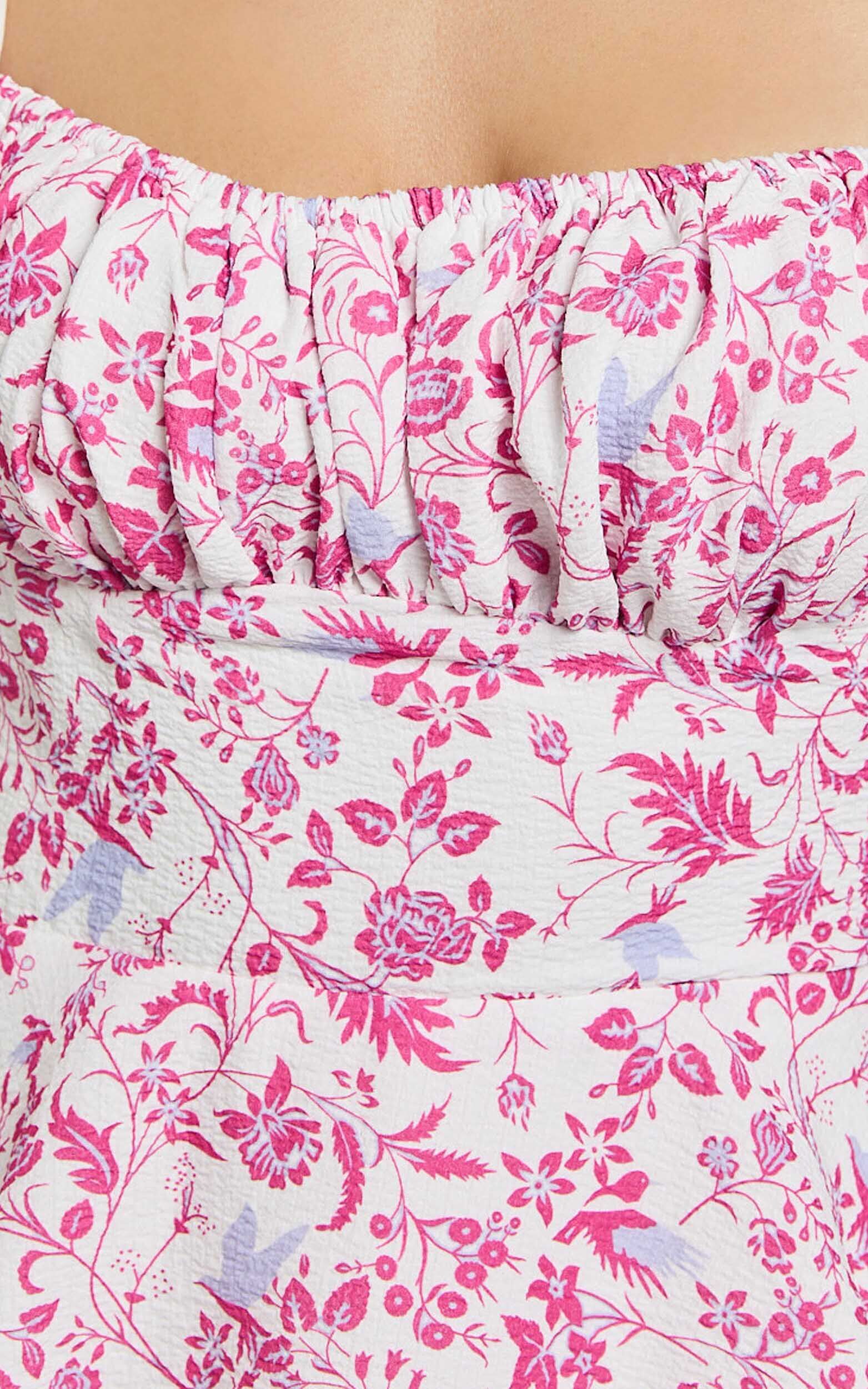 Lorma Midi Dress - Ruched Layered Dress in Pink Floral