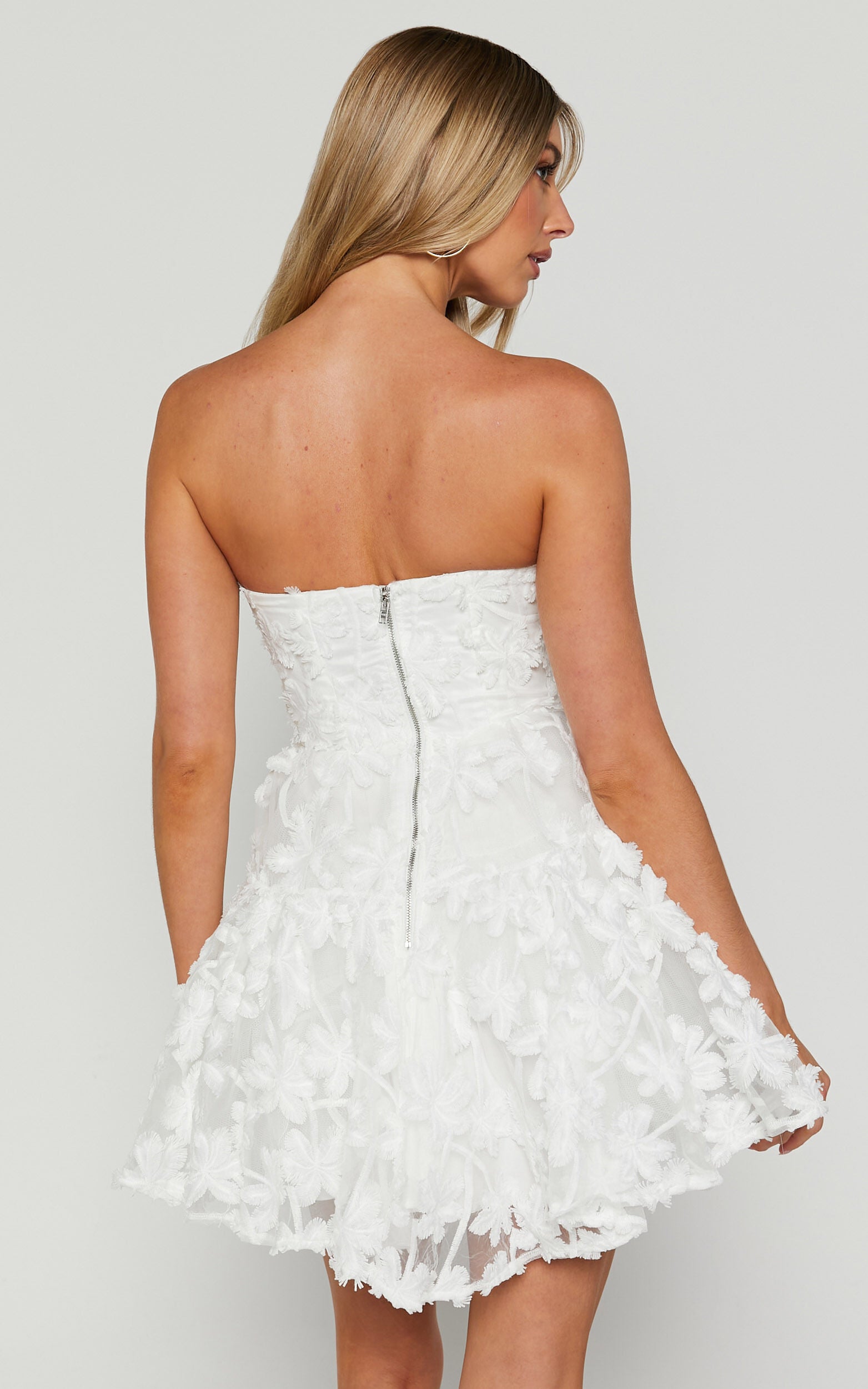 Rheiva Mini Dress - Strapless 3D Embroidery Dress in White