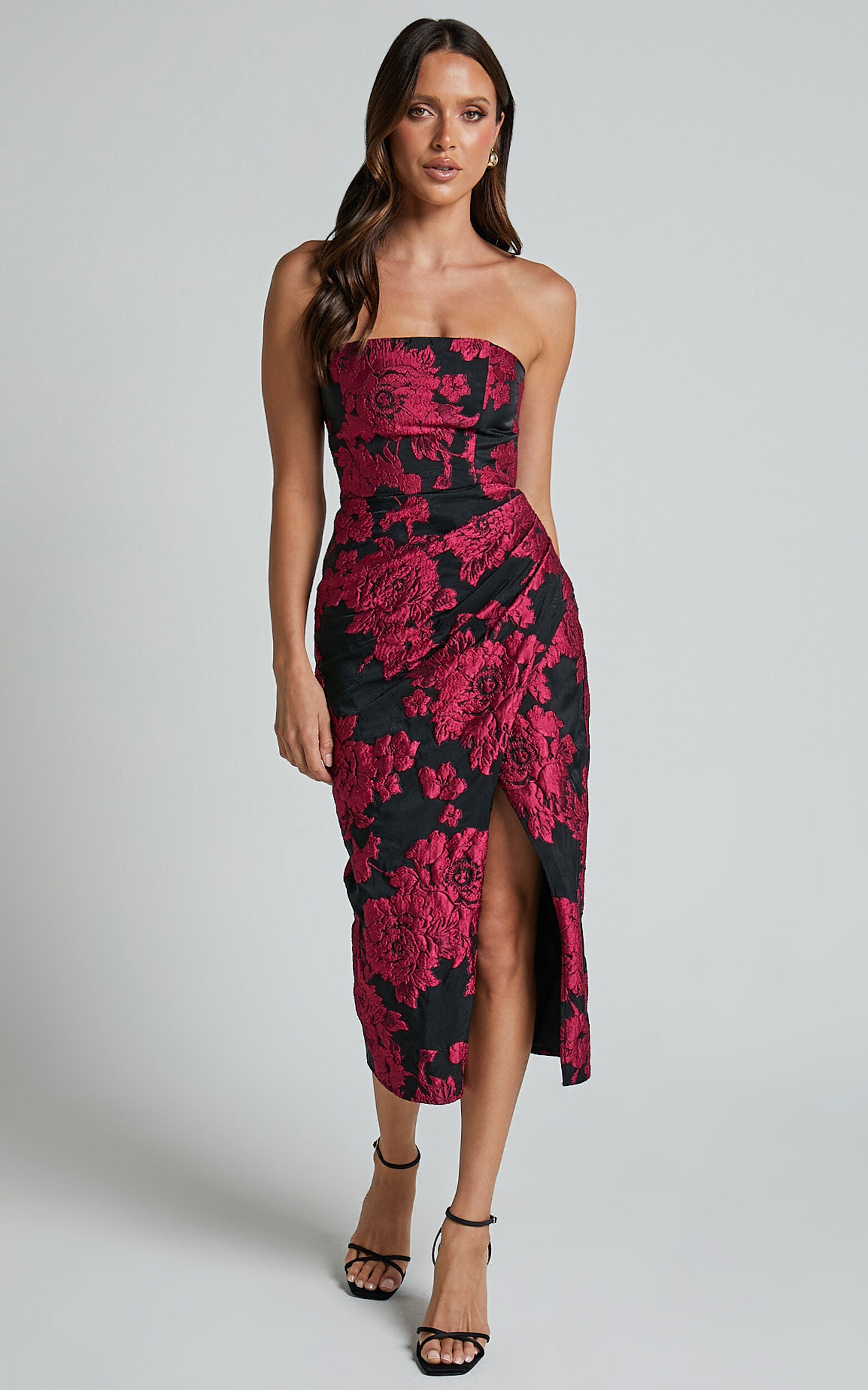 Brailey Midi Dress - Thigh Split Strapless Dress in BLACK/PINK