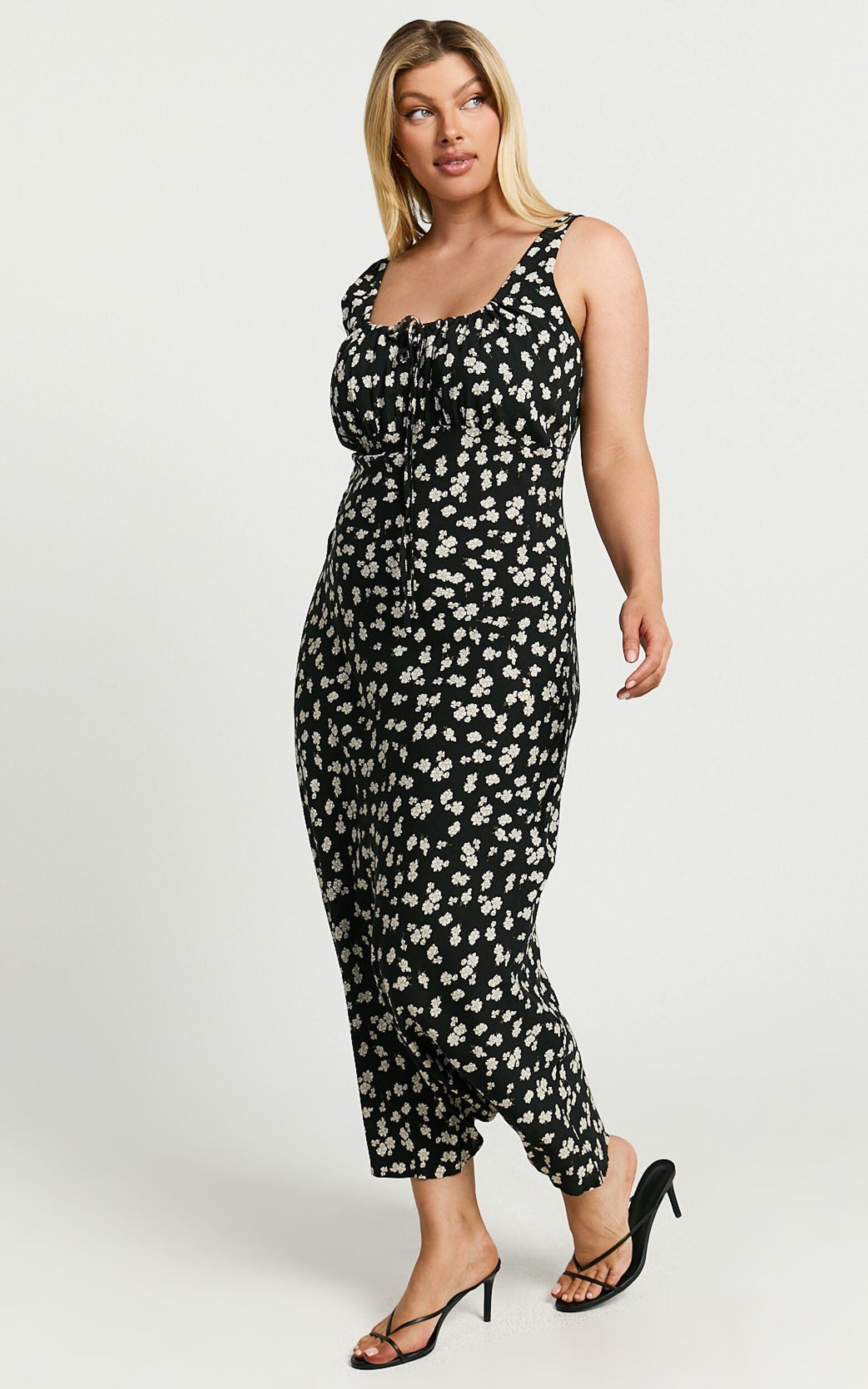 Elanora Midi Dress - Scoop Neck Keyhole Front Empire Waist Bias Cut Slip Dress in Black Wildflower