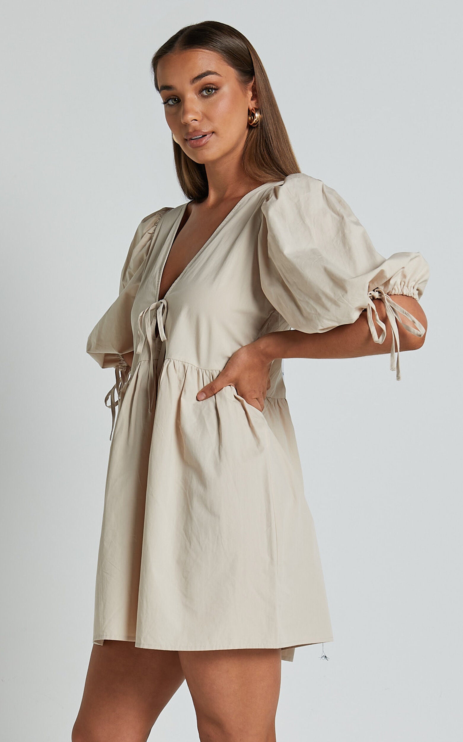 Rosita Mini Dress - Tie Front Puff Sleeve Dress in Stone