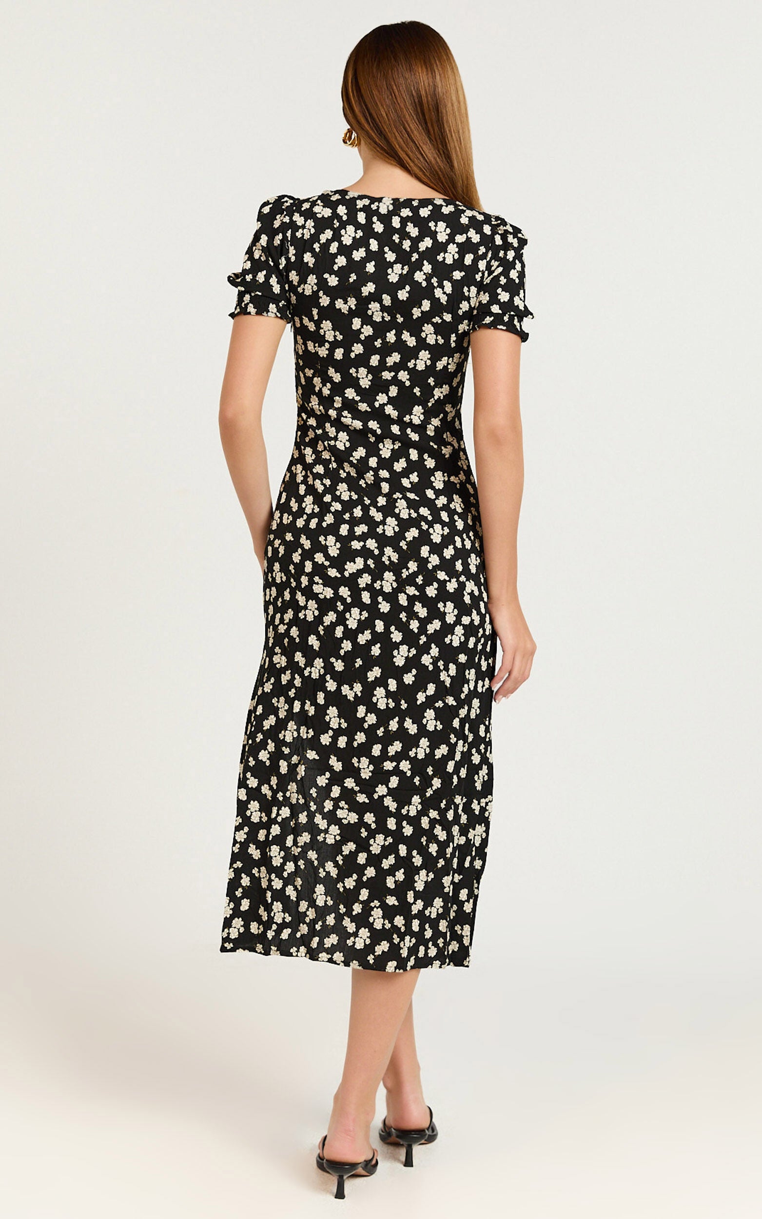 Marcel Midi Dress - Sweetheart Puff Sleeve Thigh Split Dress in Black Wildflower