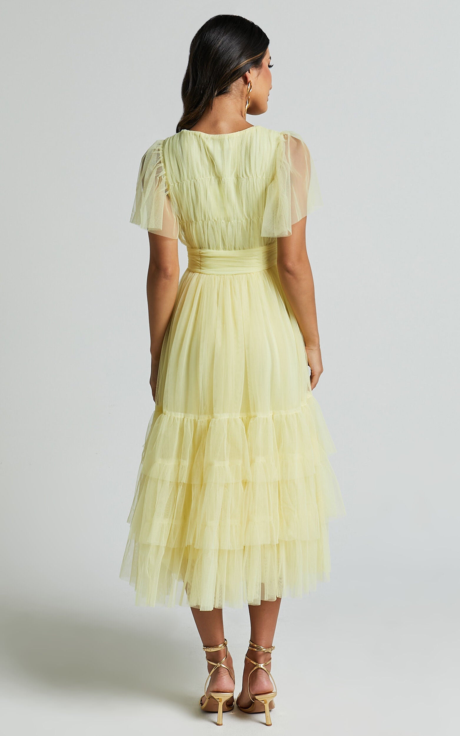 Jiraye Midi Dress - Flutter Sleeve Tuelle Plunge Dress in Lemon