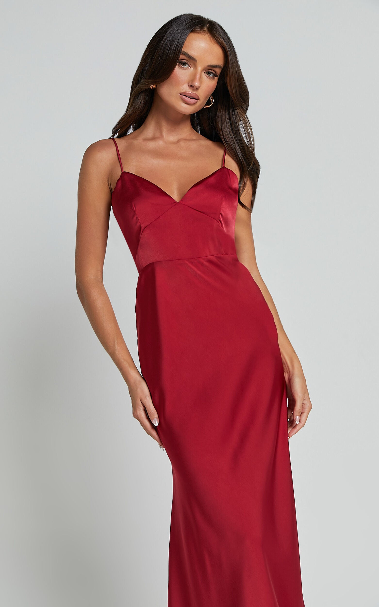 Jovana Midi Dress - Bust Panel Detail Satin Slip Dress in Wine