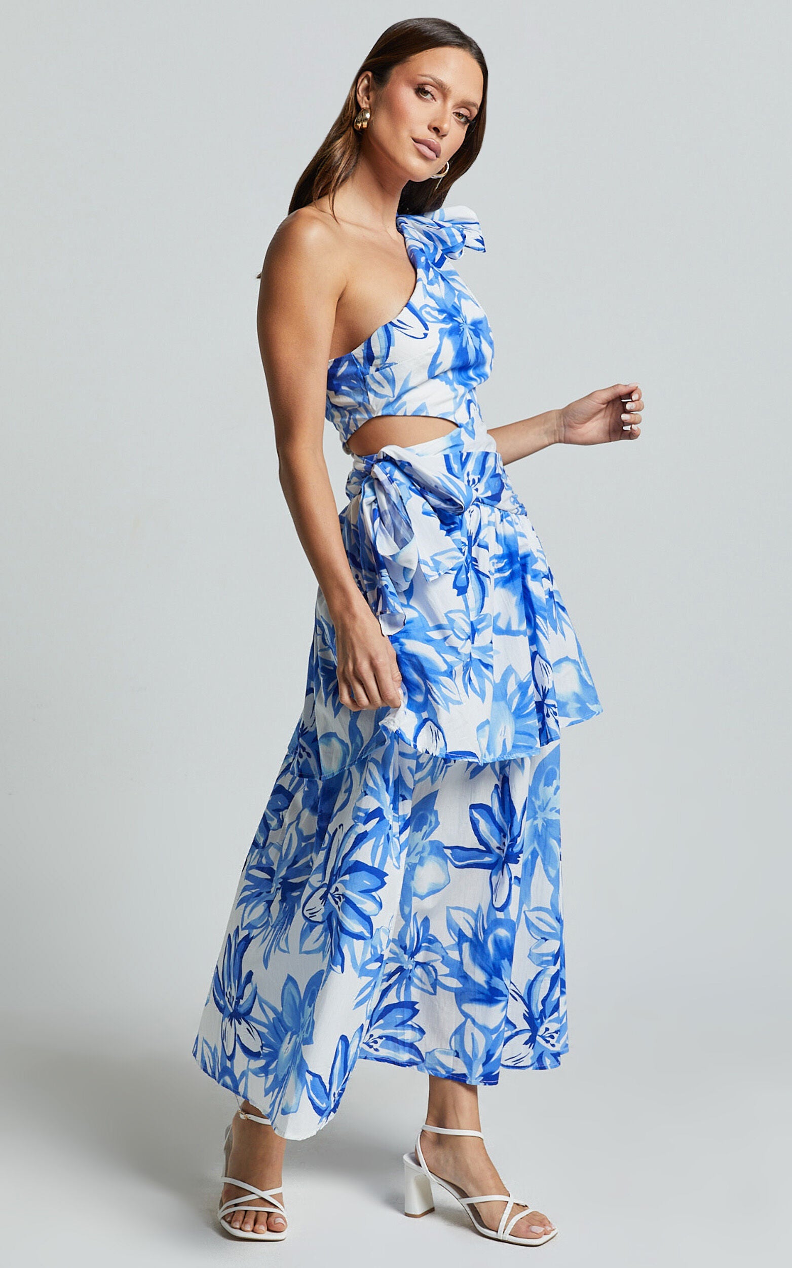 Honolulu Midi Dress - One Shoulder Tiered Dress in Blue and White Print