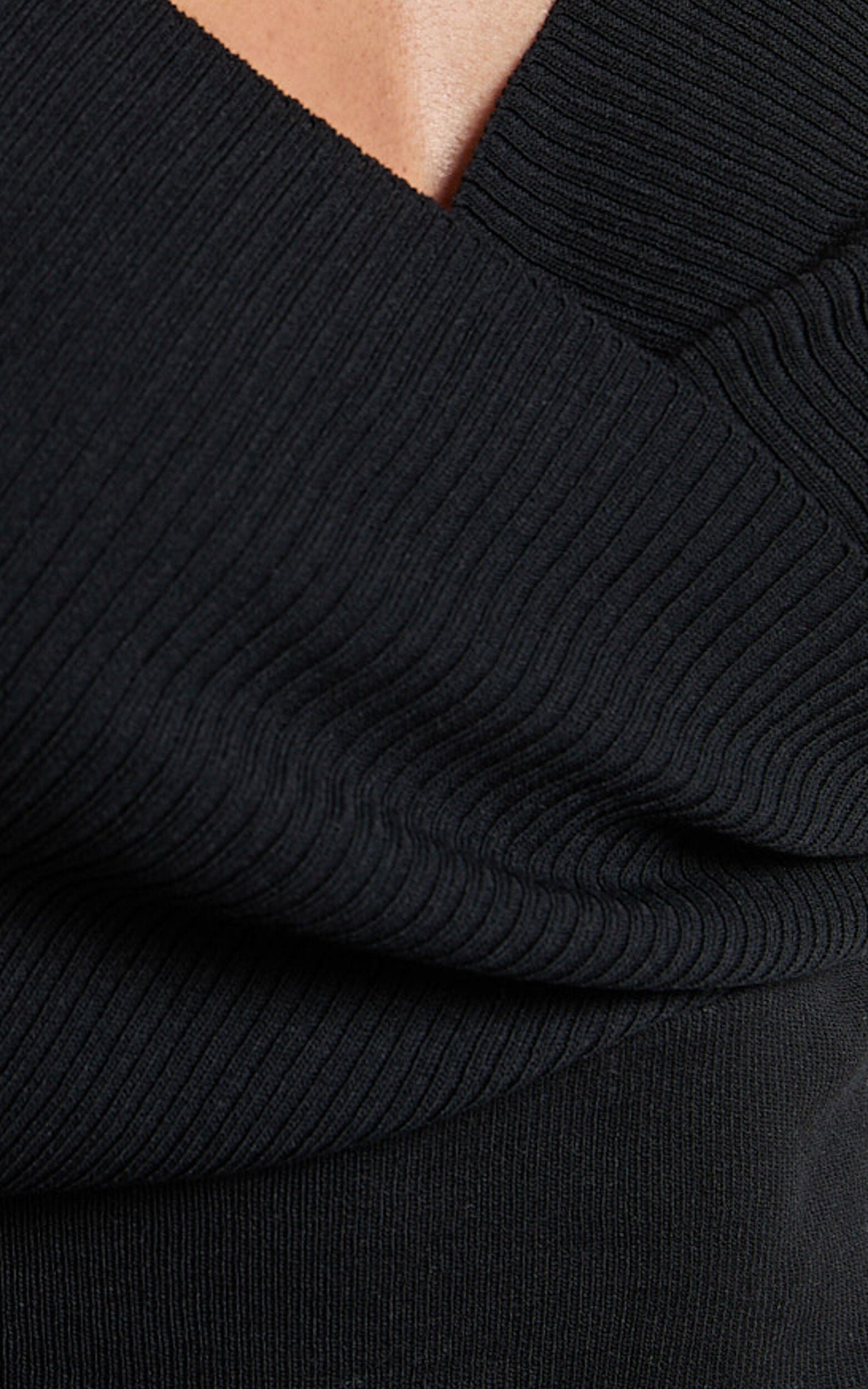 Petra Top - Long Sleeve Wrap Ribbed Knit Top in Black