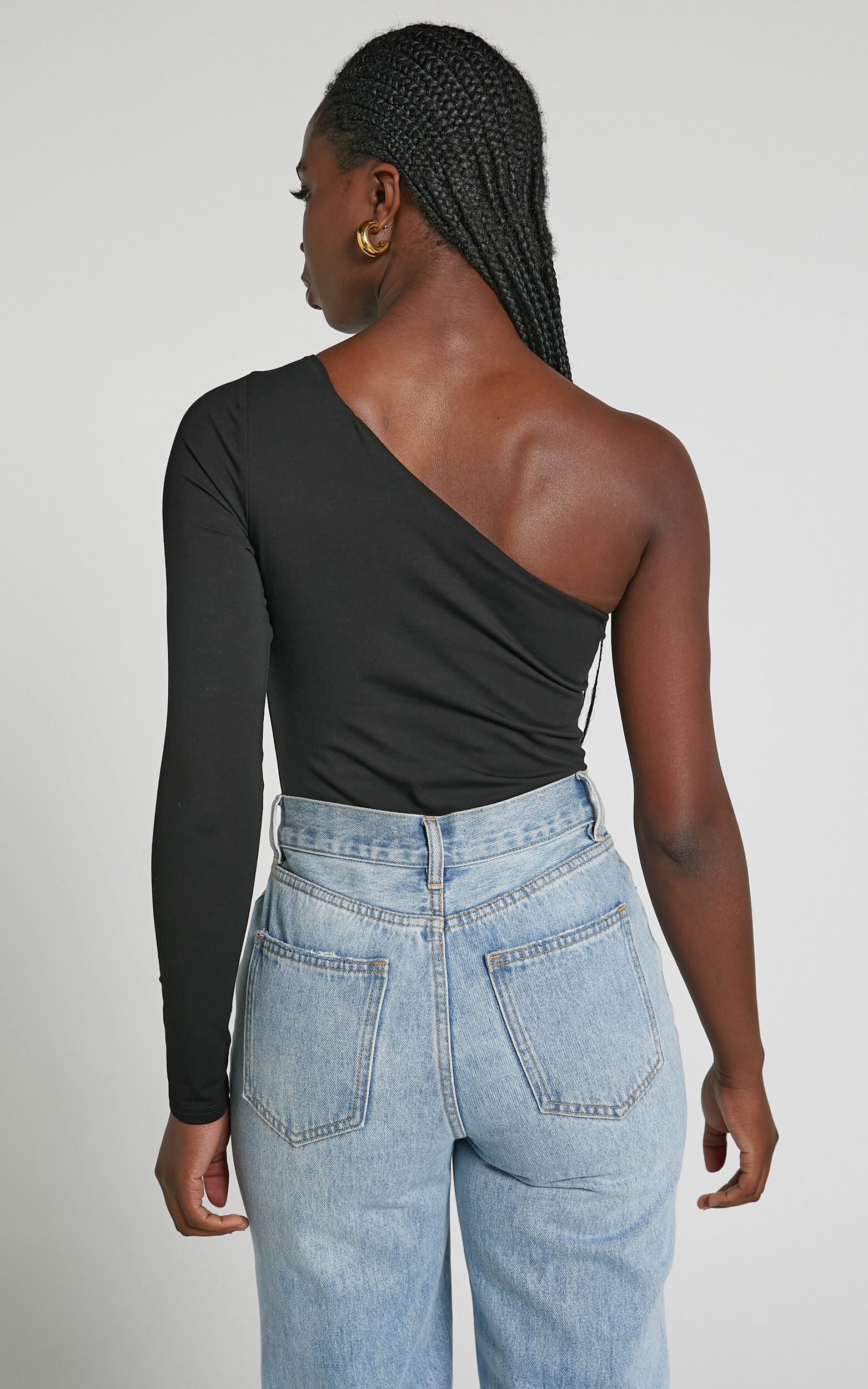 Khanley Bodysuit - One Shoulder Long Sleeve Bodysuit in Black