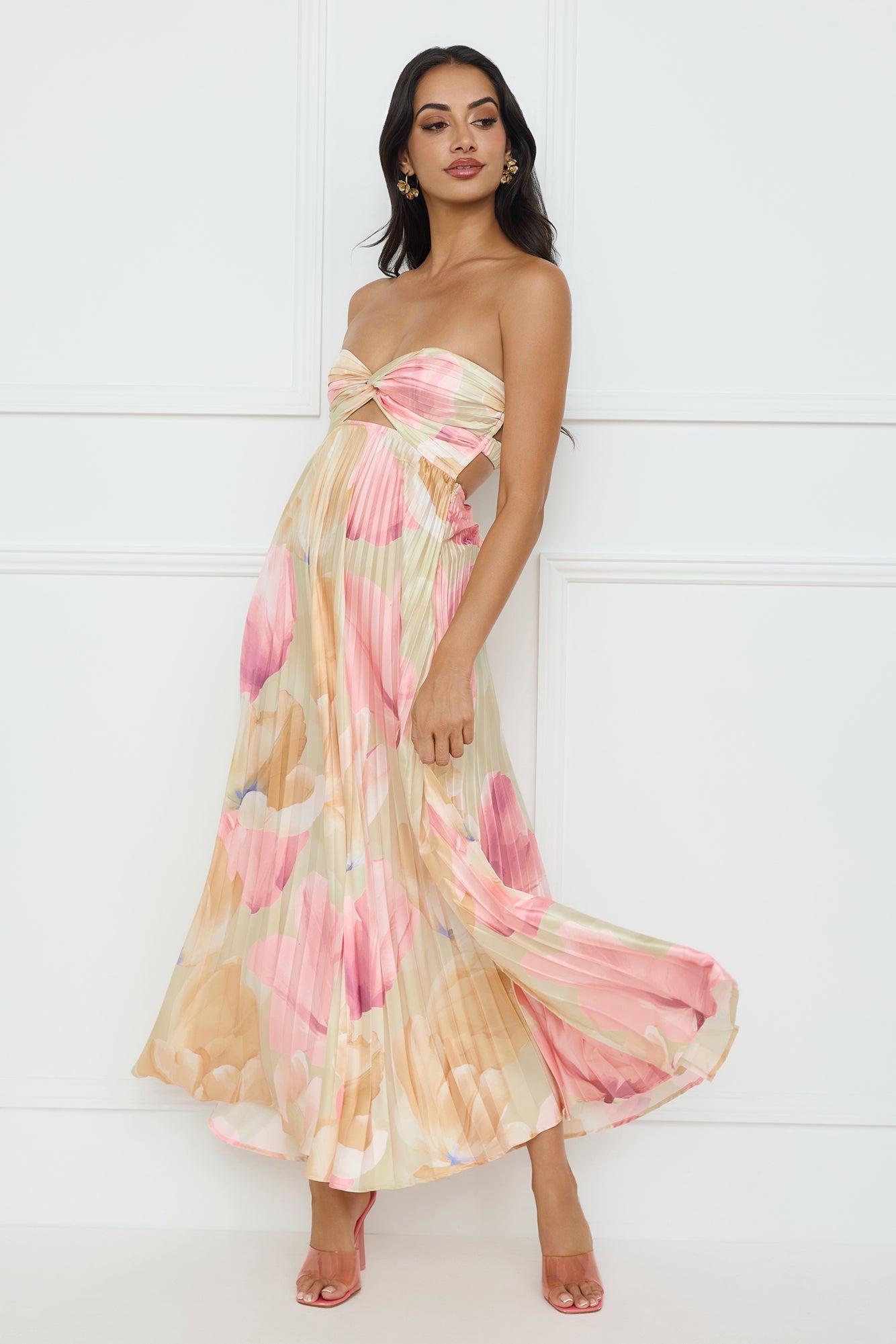 Sea Goddess Strapless Satin Maxi Dress Print