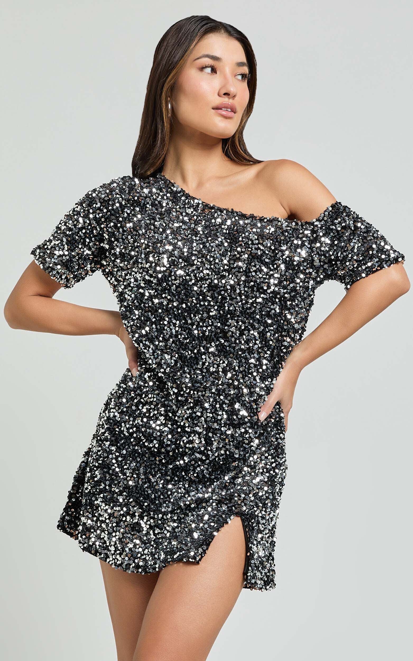 Katrine Mini Dress - Off Shoulder Shift Sequin Dress in Black