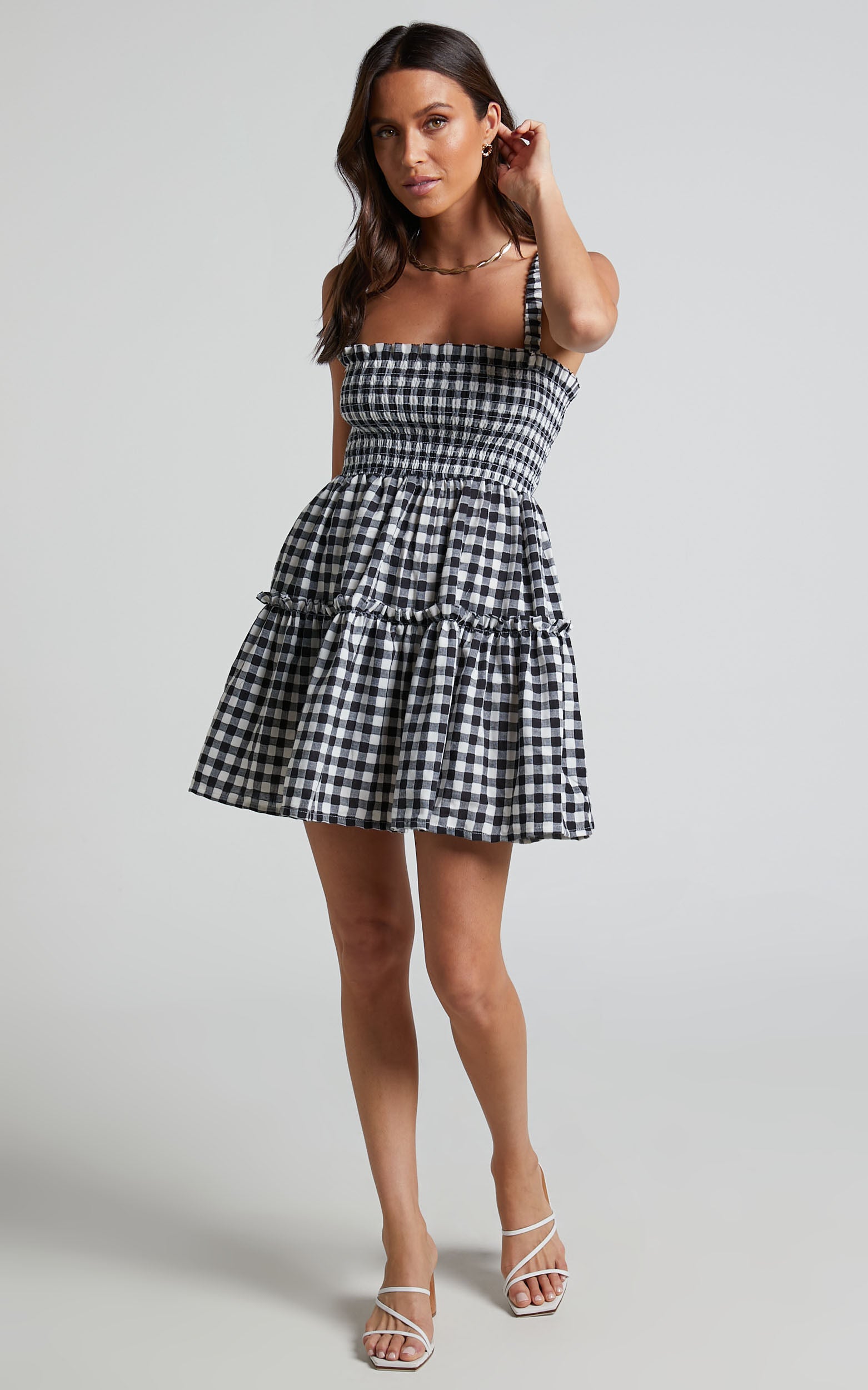 Wilda Mini Dress - Shirred Tiered Dress in Black and White Check
