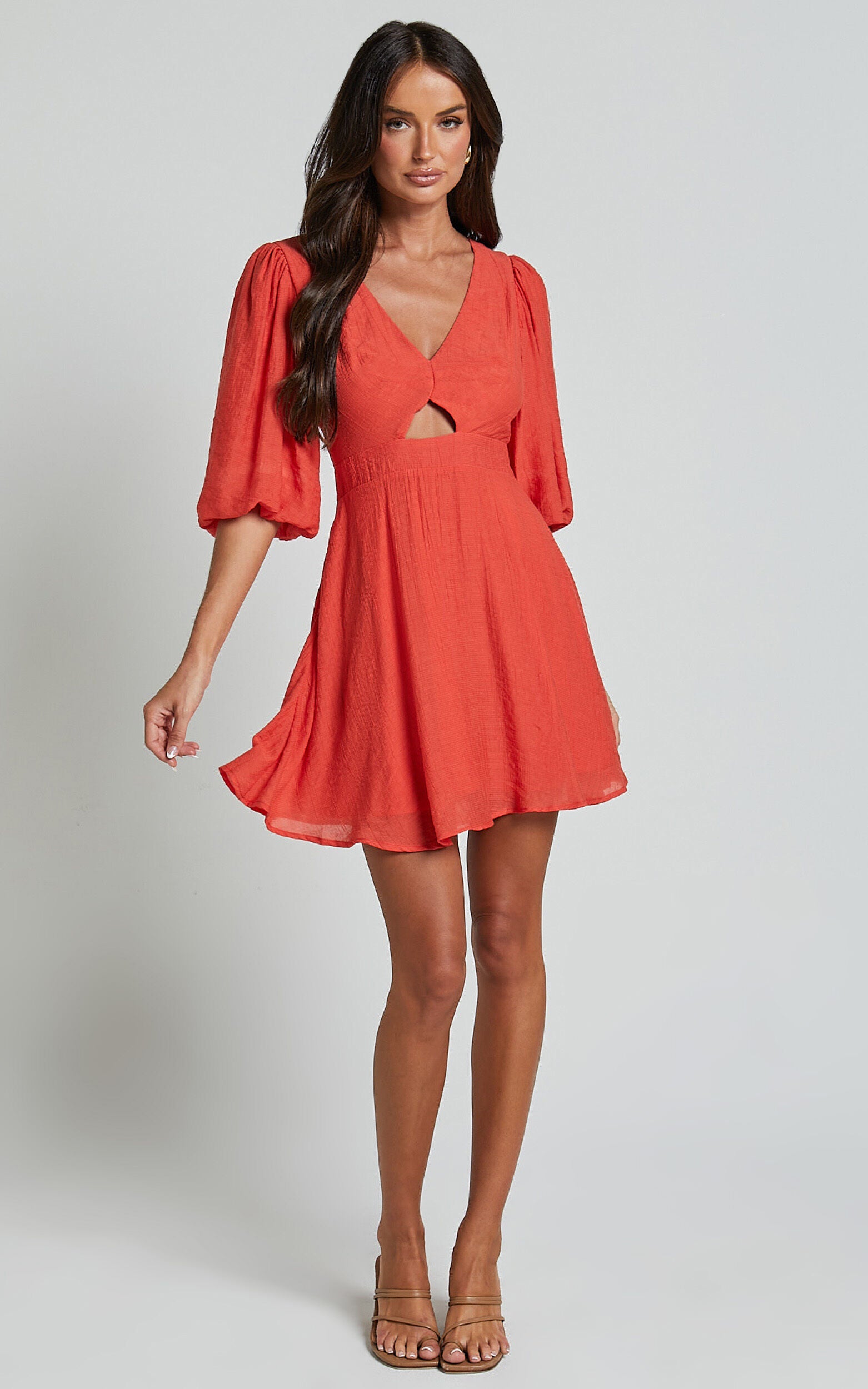 Jackielyn Mini Dress - Front Cut Out V Neck Puff Sleeve A Line Dress in Papaya