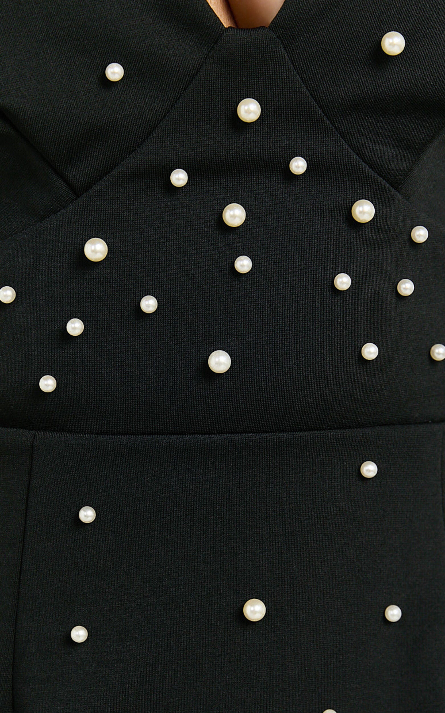 Marya Mini Dress - Pearl Detail Plunge Neck Dress in Black