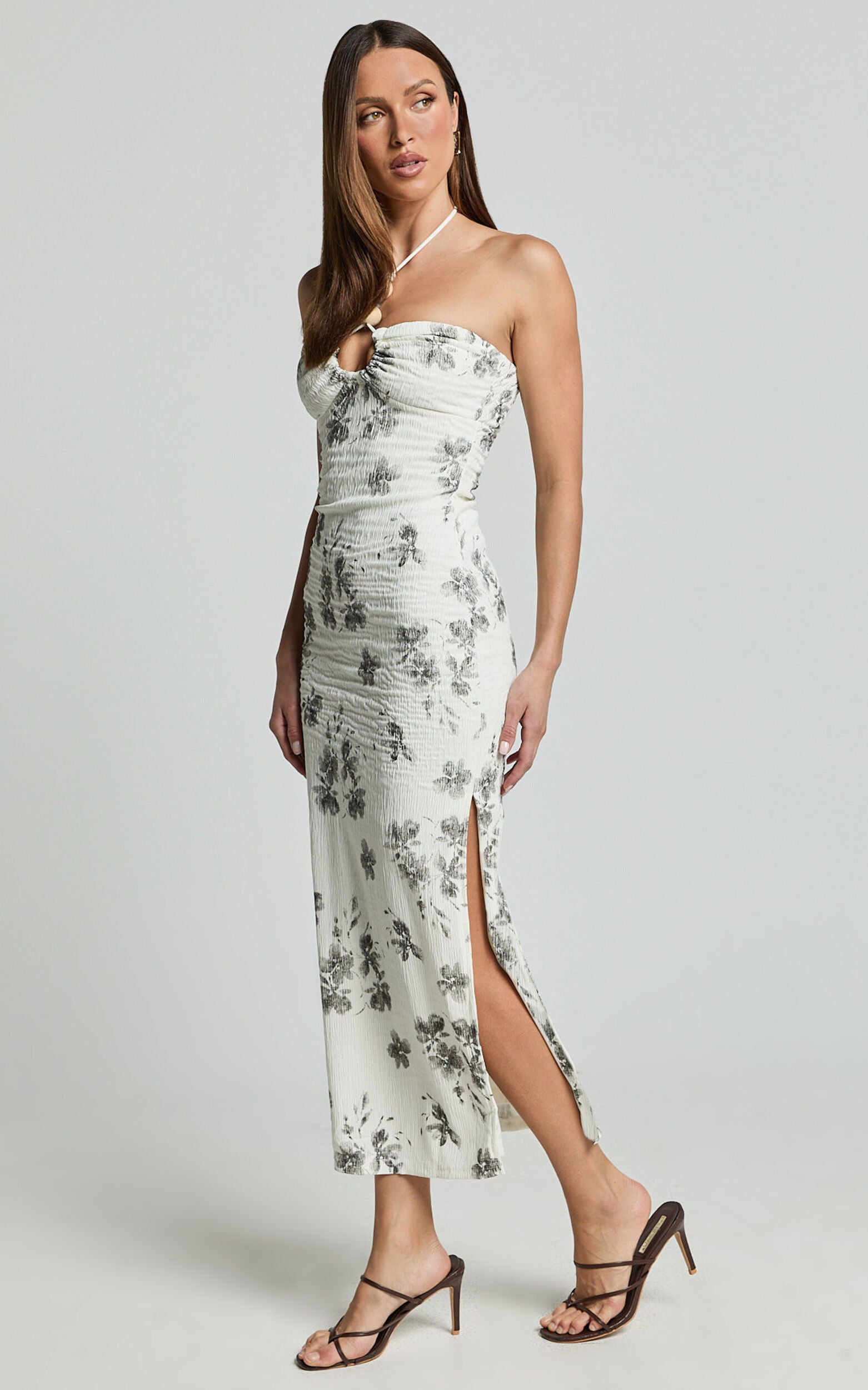 Evaline Midi Dress - Halter Neck Cut Out Front Slip Dress in Black and White Floral