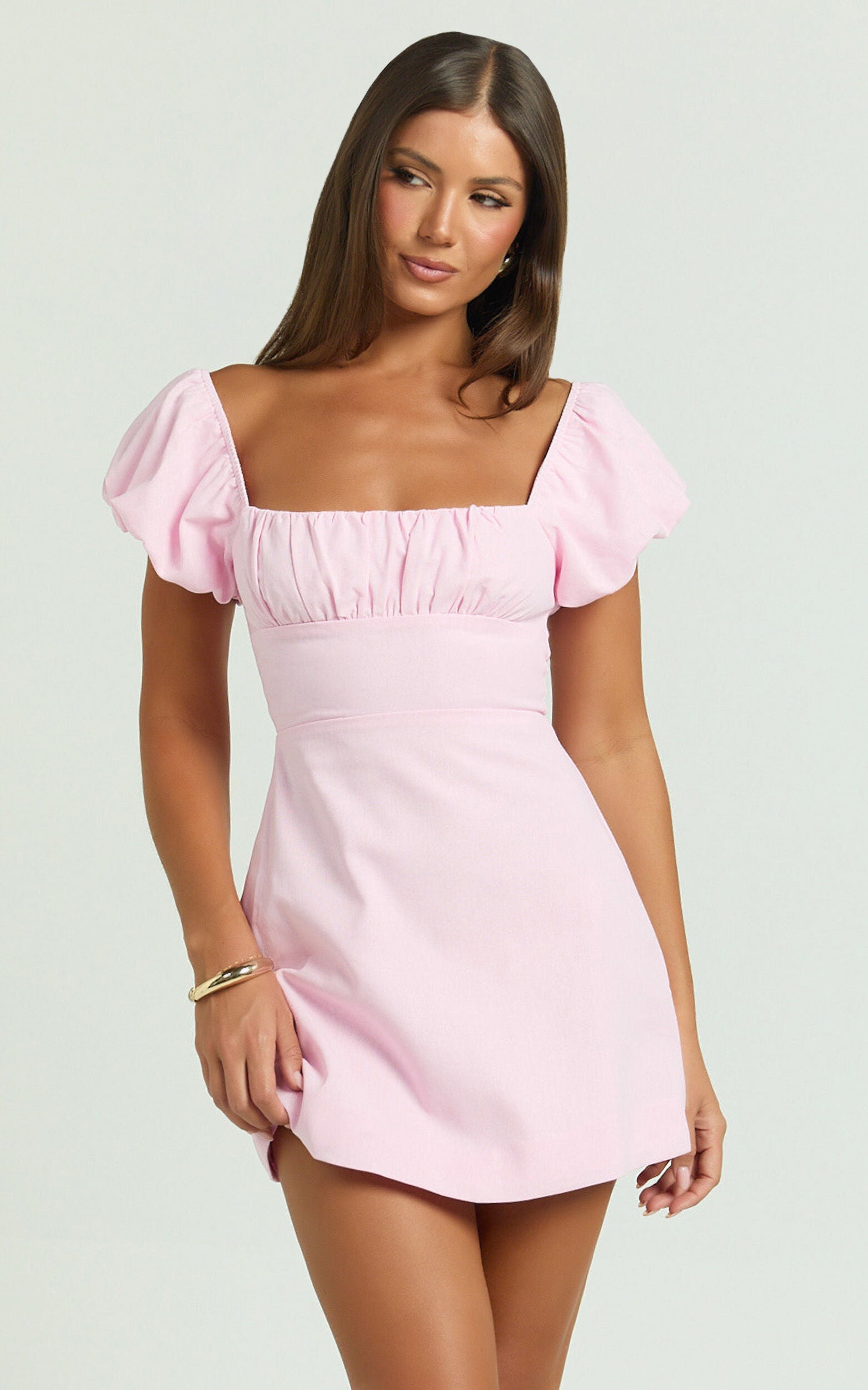 Ginny Mini Dress - Square Neck Ruched Bodice Puff Sleeve Straight Dress in Pink