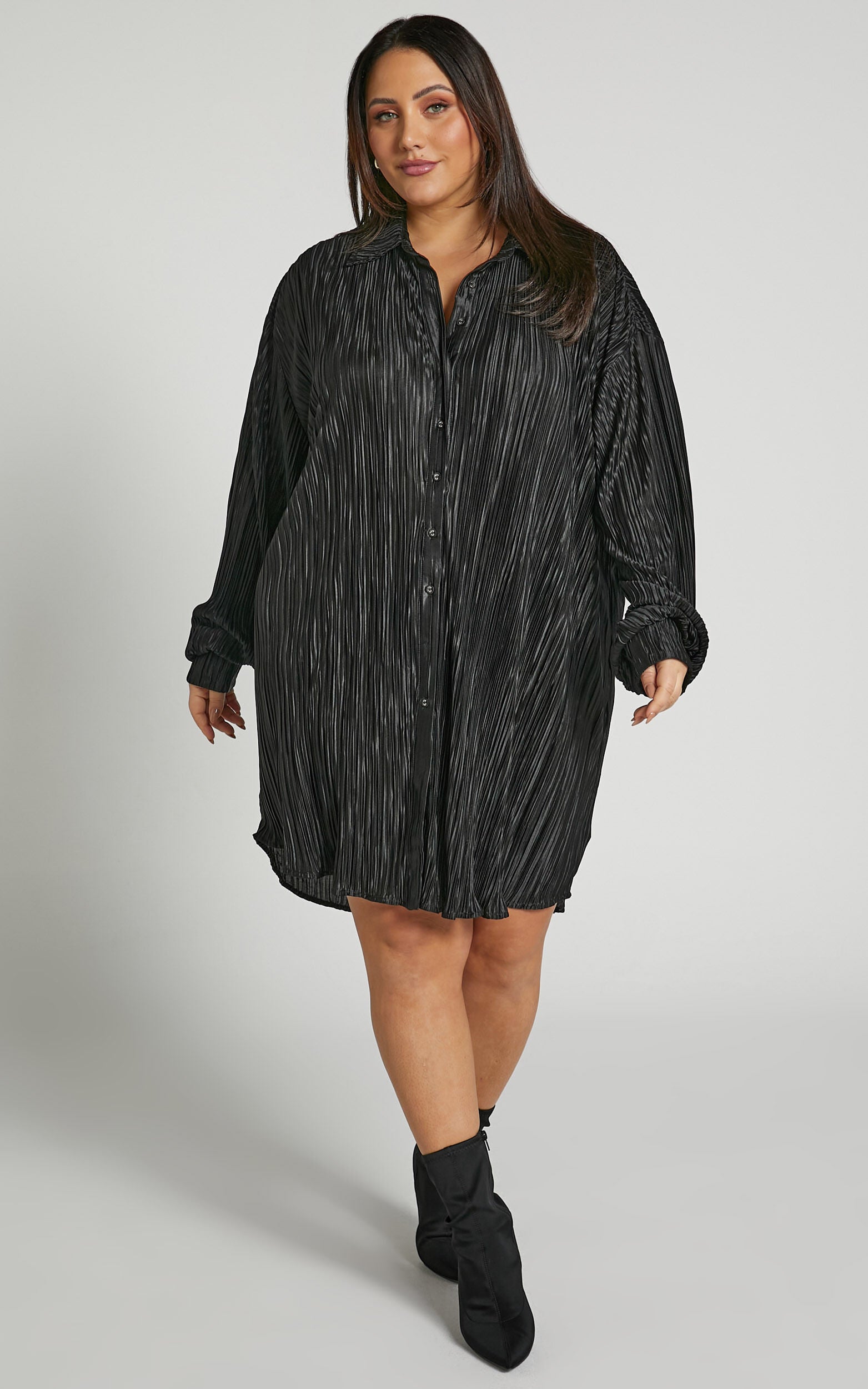 Beca Mini Dress - Crinkle Button Up Shirt Dress in Black