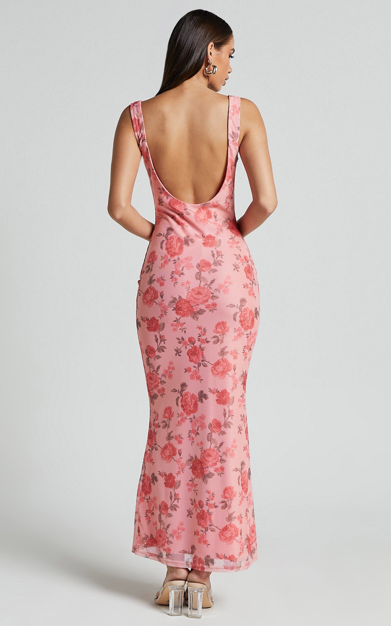 Nadine Maxi Dress - Cowl Neck Low Back Mesh Slip Dress in Pink Floral