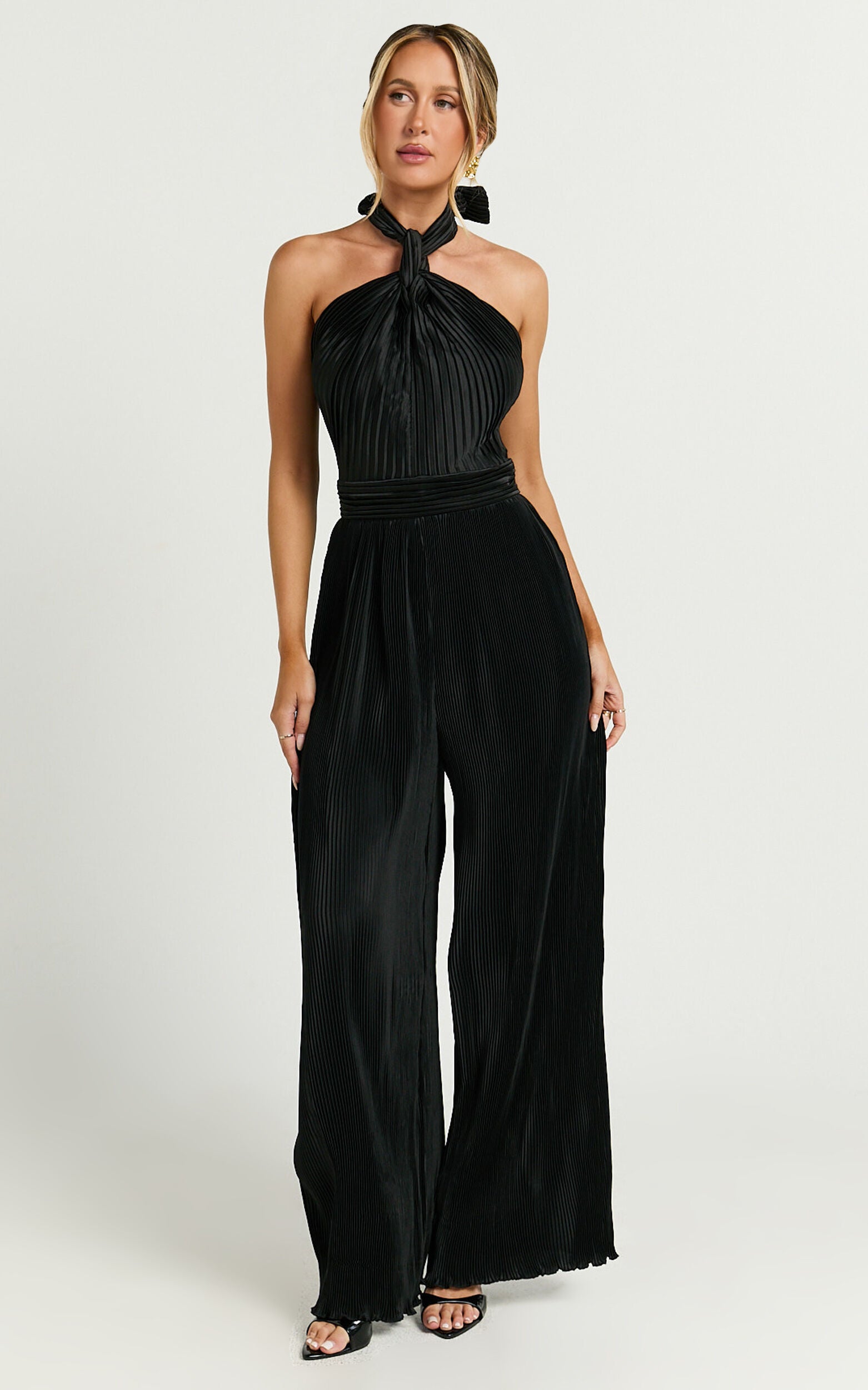 Paris Jumpsuit - Plisse Halter Neck Wide Leg Jumpsuit in Black