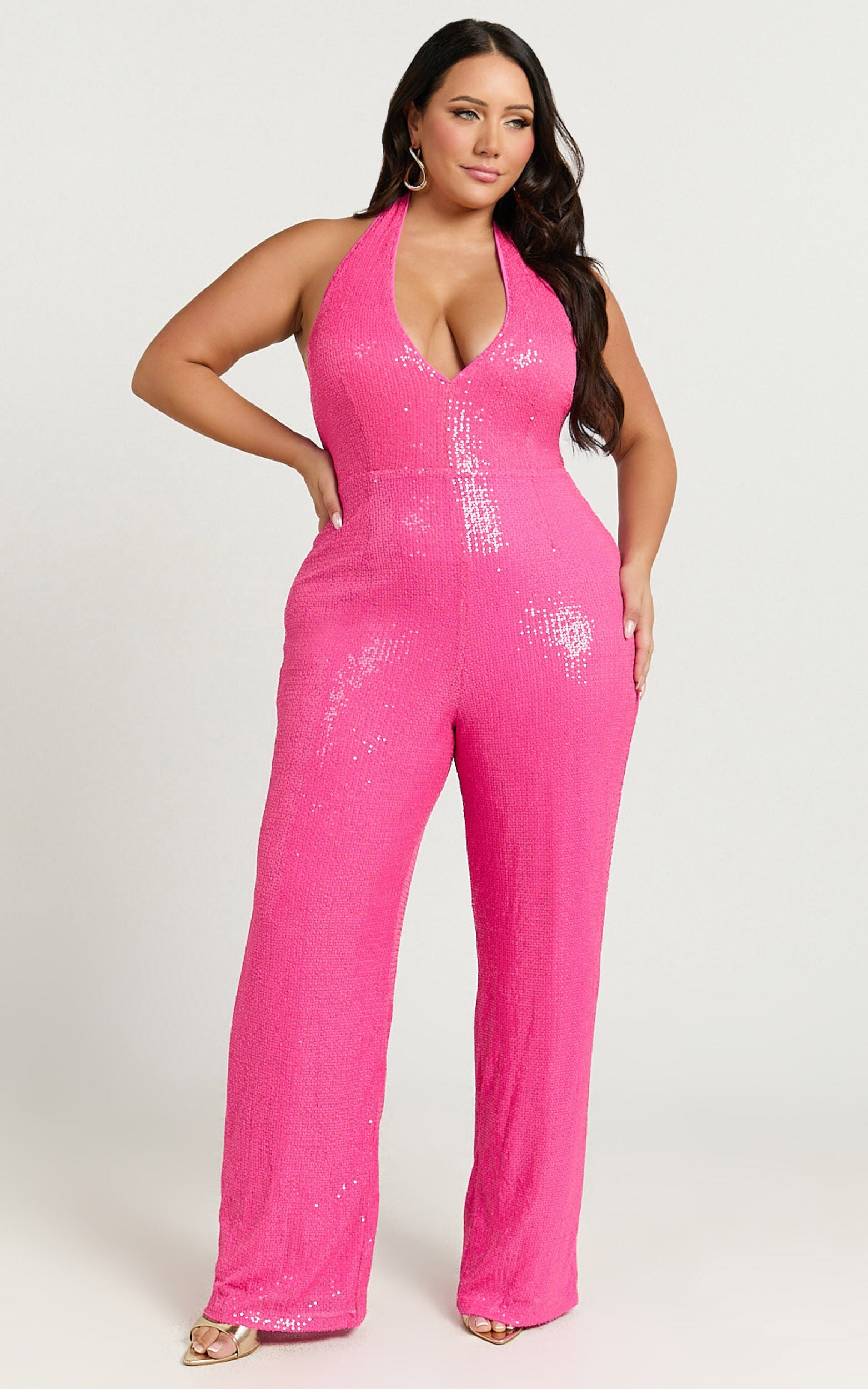 Belle Jumpsuit - Plunge Halter Sequin Jumpsuit in Hot Pink