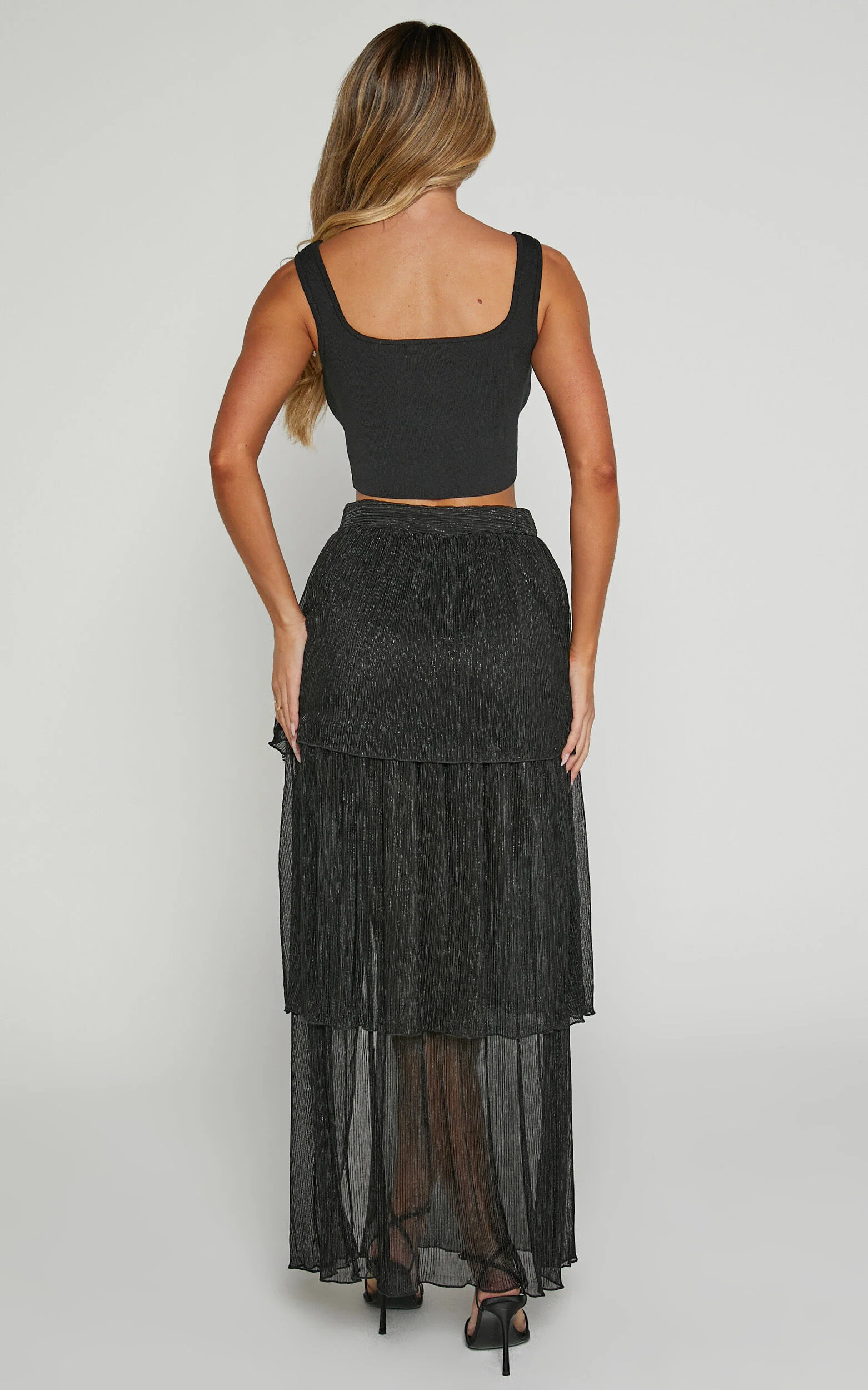 Daisy Maxi Skirt - High Waisted Thigh Split Skirt in Black