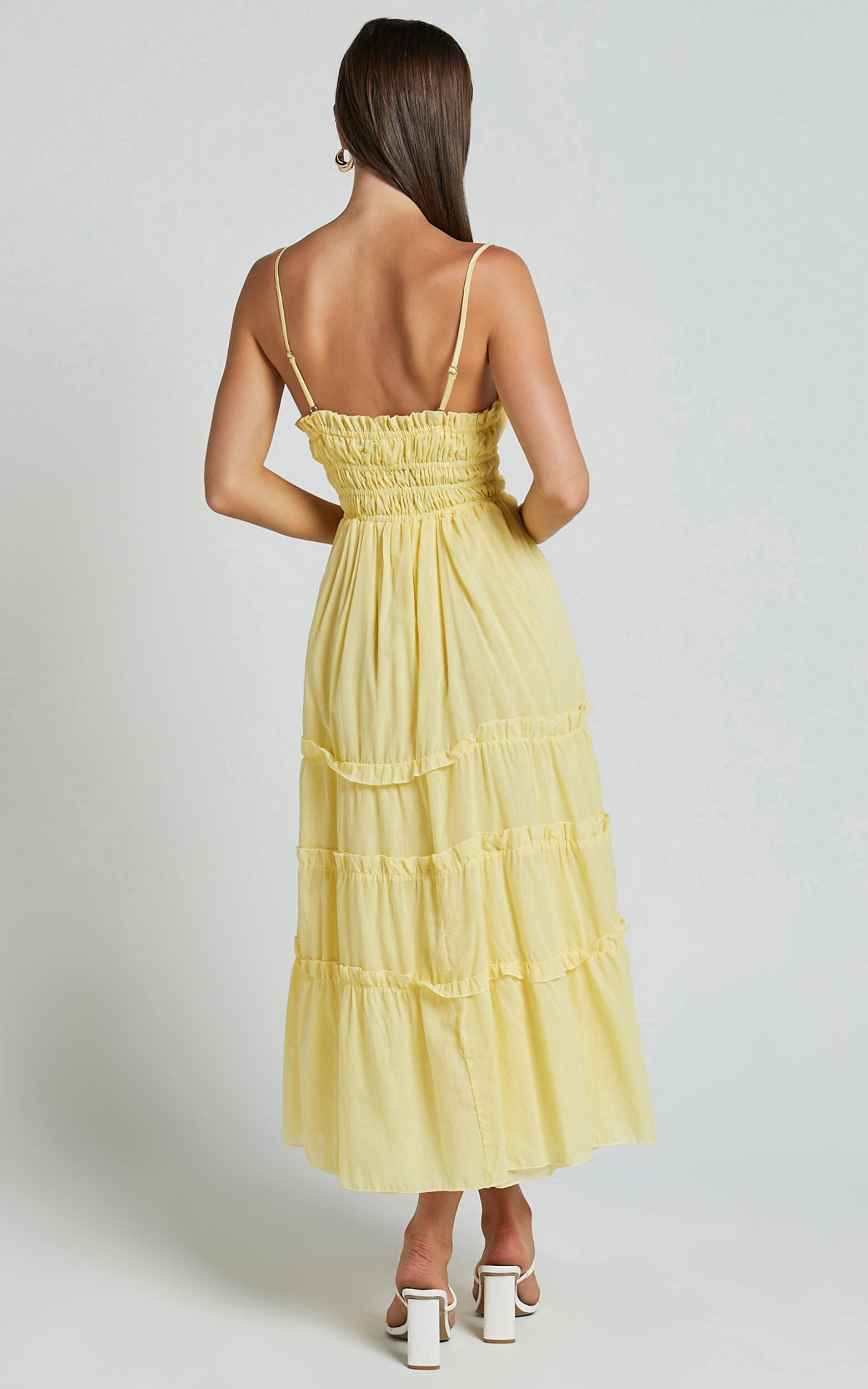 Schiffer Midi Dress - Strappy Ruched Tie Front Tiered Dress in Yellow