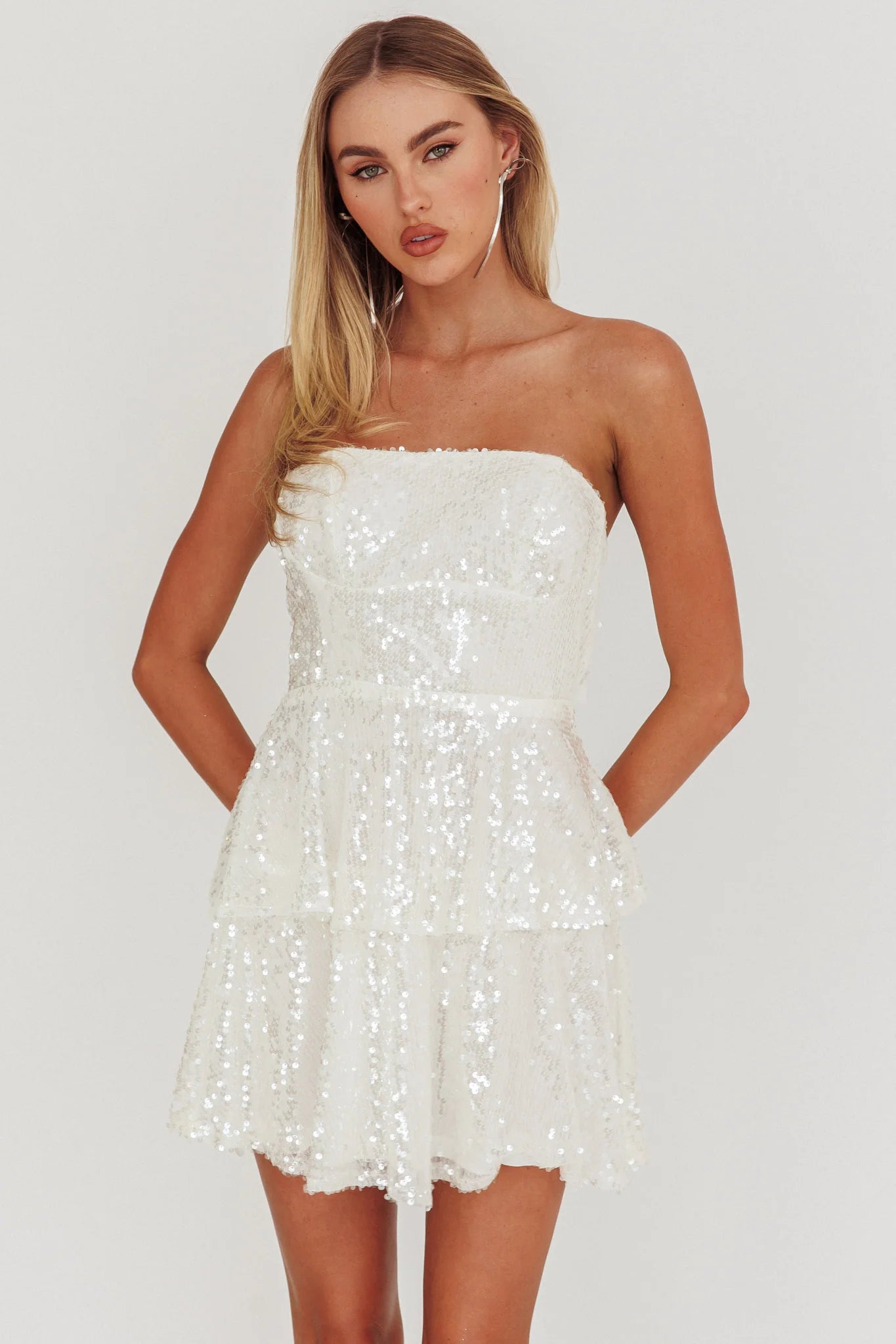 Provence Bloom Tiered Sequin Mini Dress White