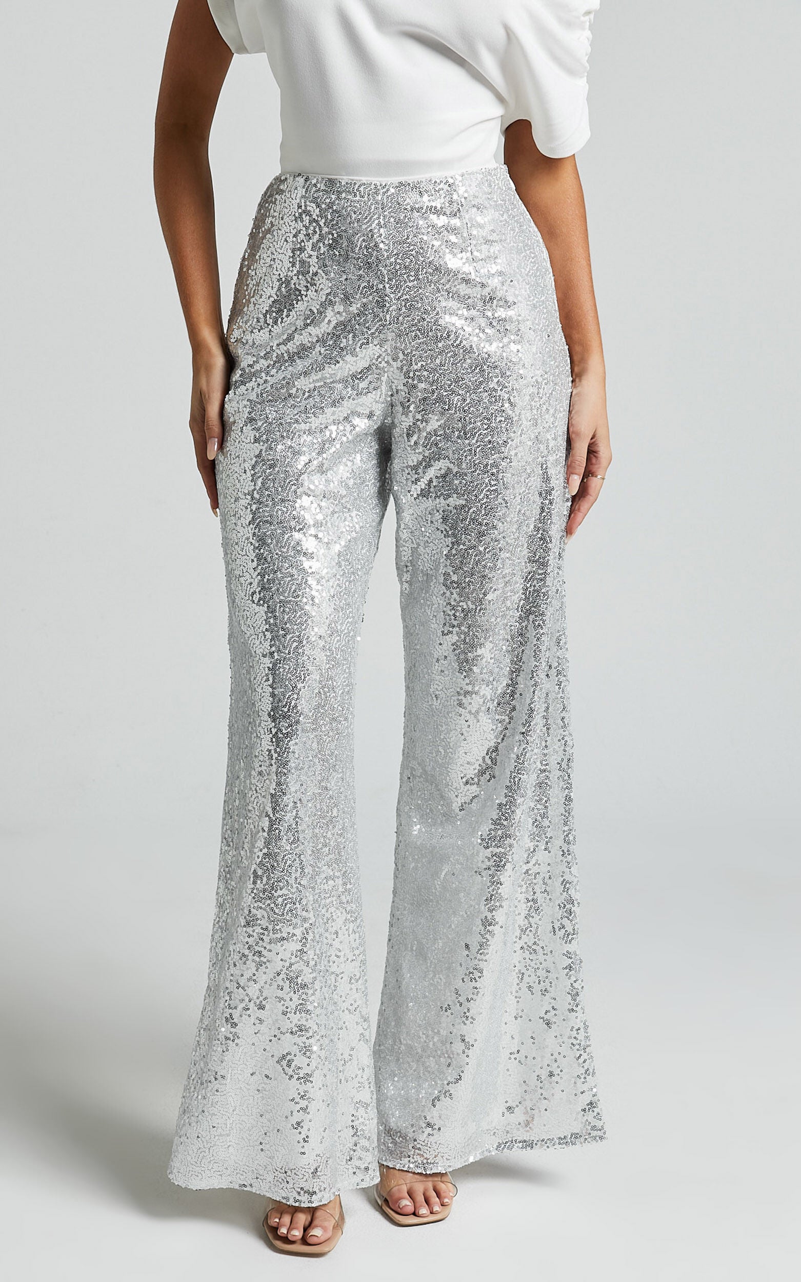 Looma Sequin Pants - High Waisted Super Wide Leg Pants in Silver