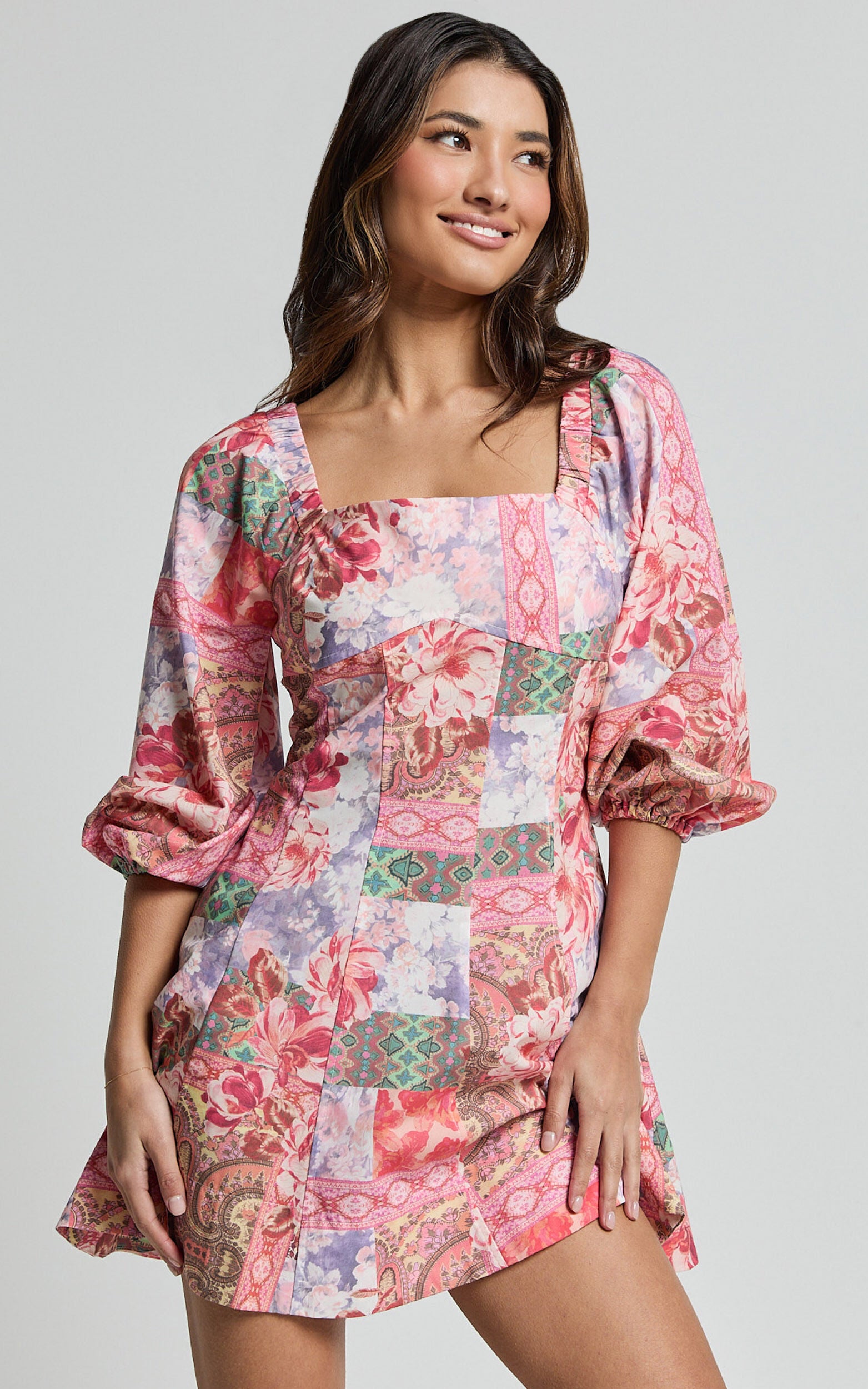 Enya Mini Dress - Puff Sleeve Empire Waist Dress in Floral Mosaic Print