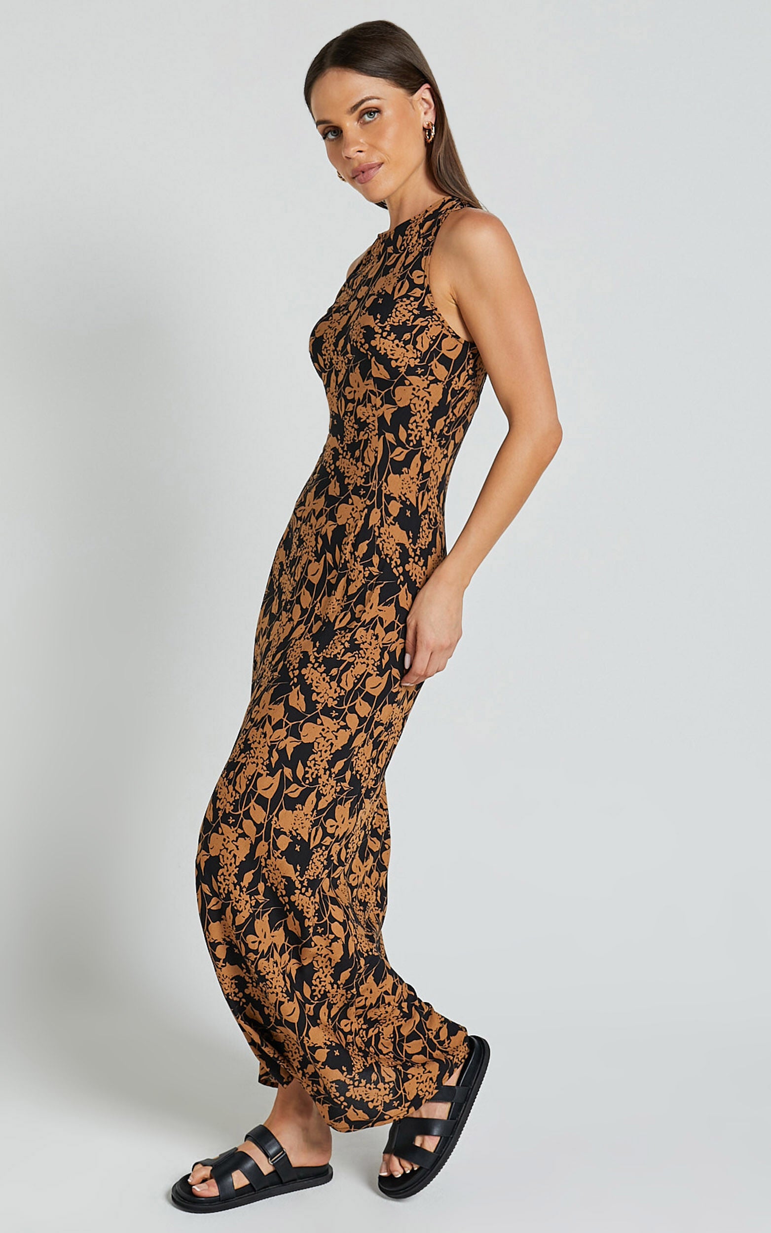 Francis Midi Dress - High Neck Slip Dress in Brown Floral