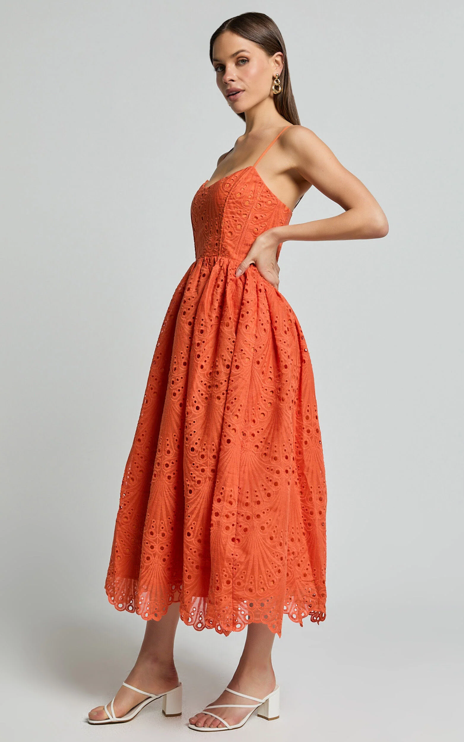 Gabriella Midi Dress - Strappy Gathered Skirt Embroidered Dress in Orange