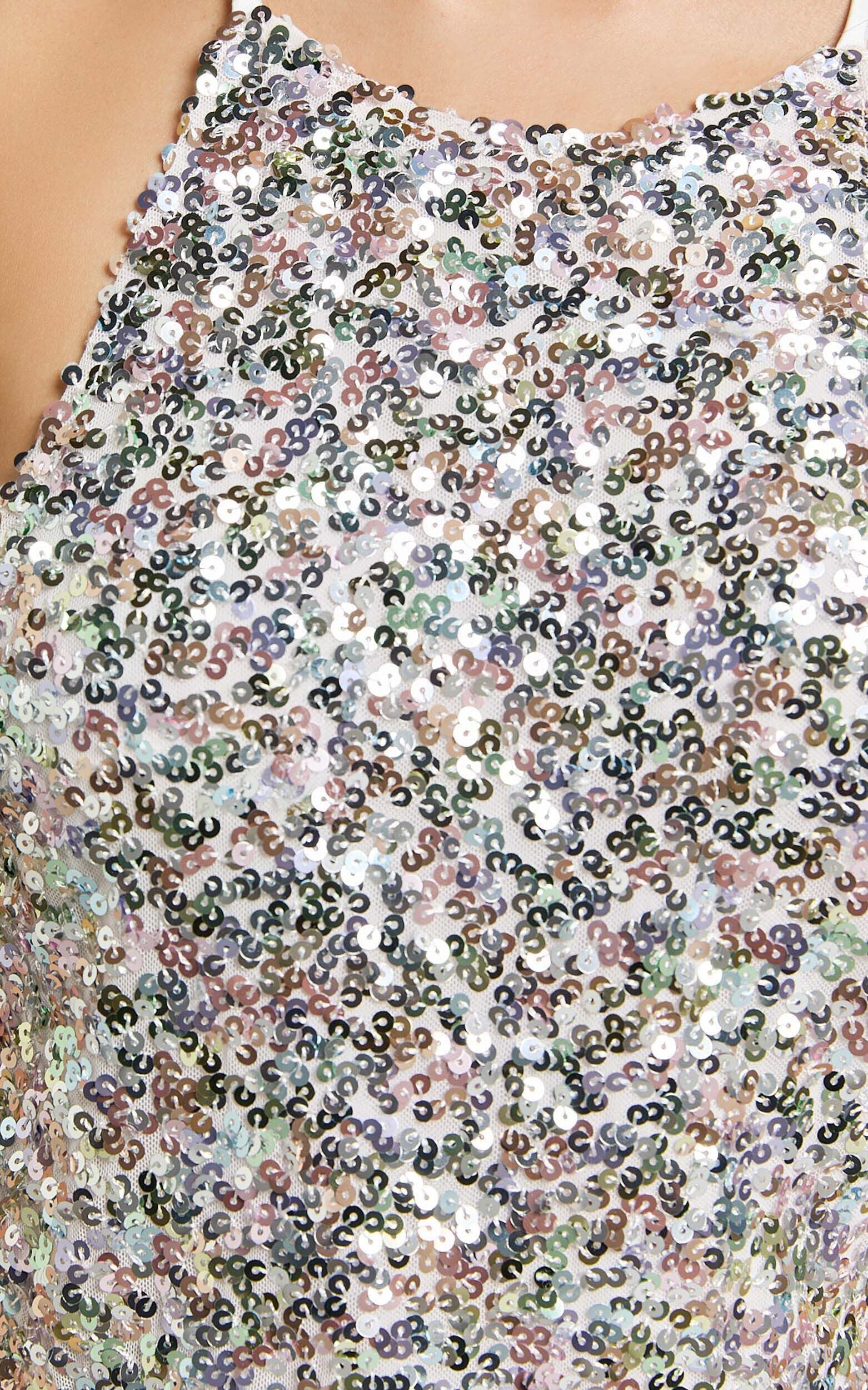 Frieda Maxi Dress - Halter Neck Cross Back Sequin Dress in Rainbow Silver