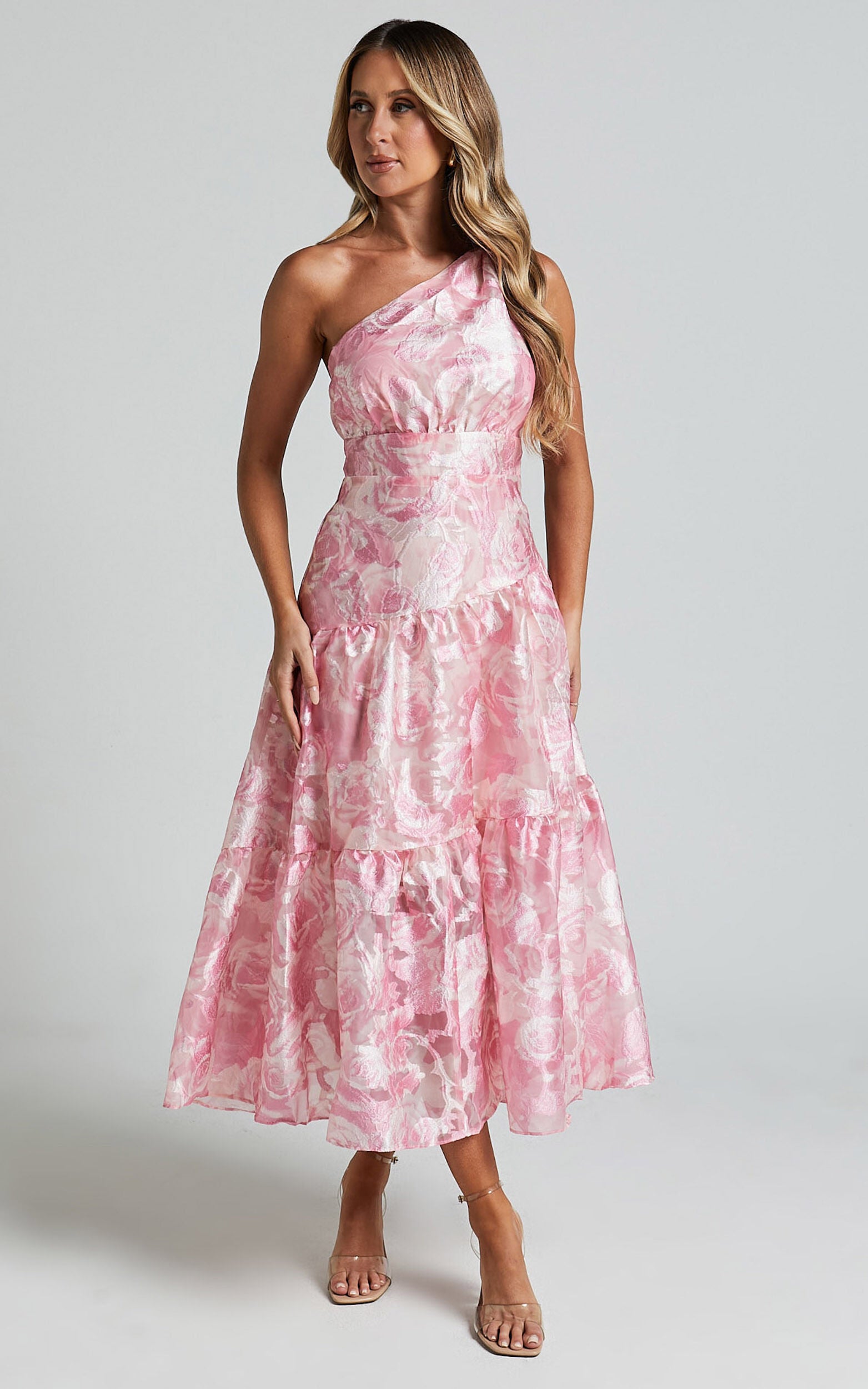 Lettie Midi Dress - One Shoulder Tiered Dress in Blurred Rose