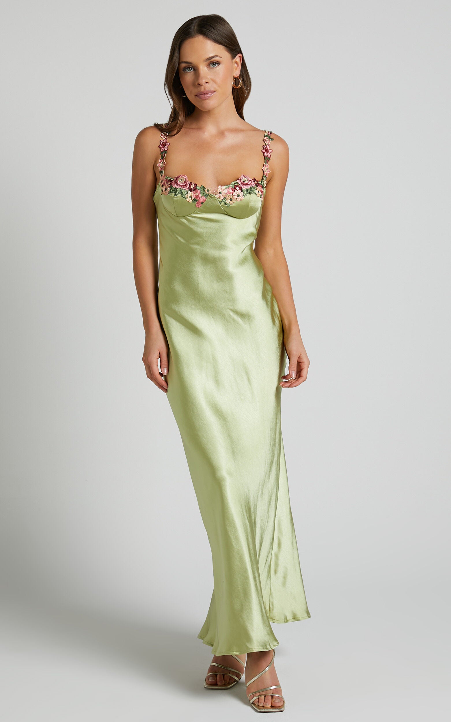 Harmony Midi Dress - Floral Detail Cup Bust Satin Dress in Citrus