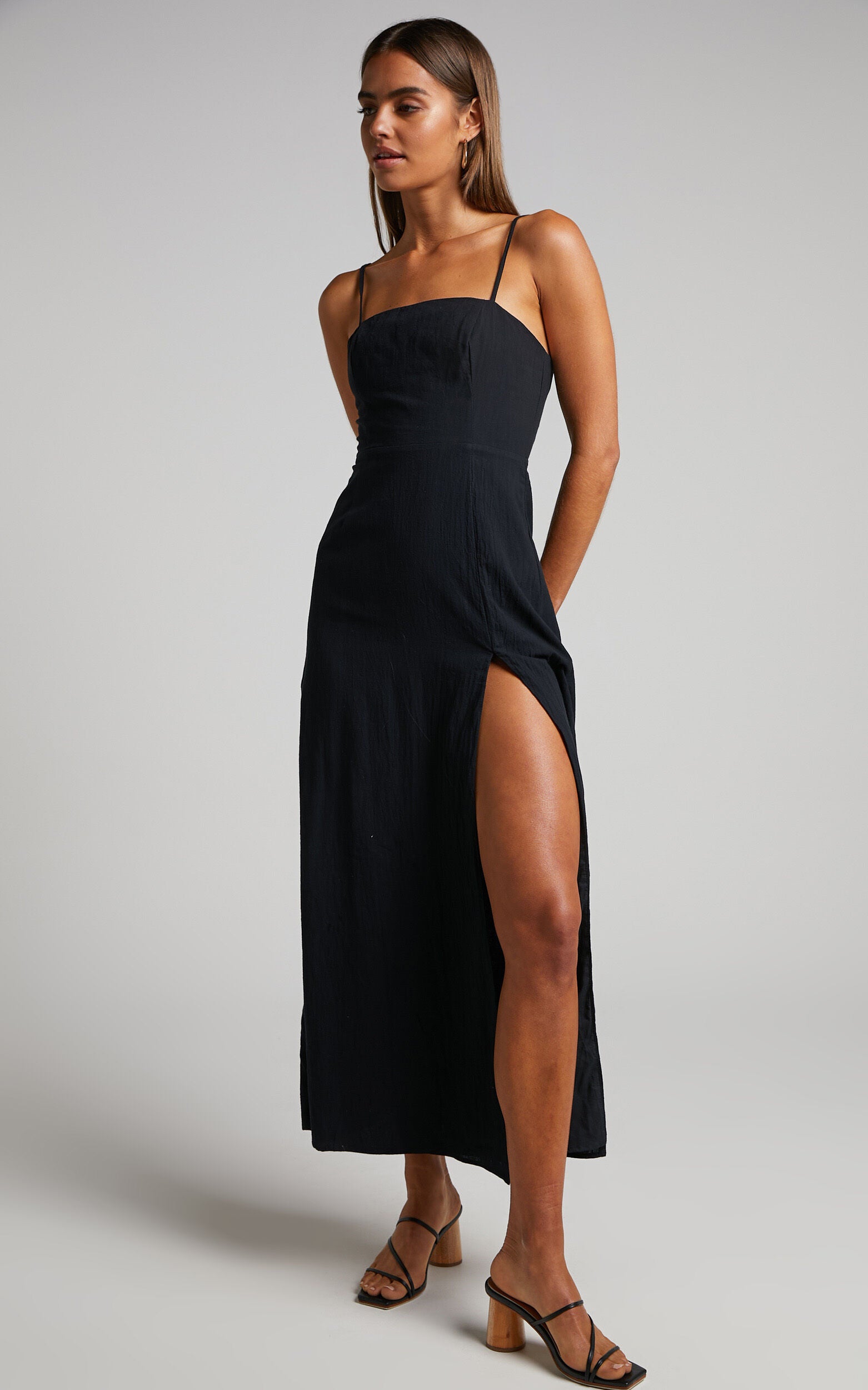 Marsha Midi Linen Dress - High Split Slip Dress in Black