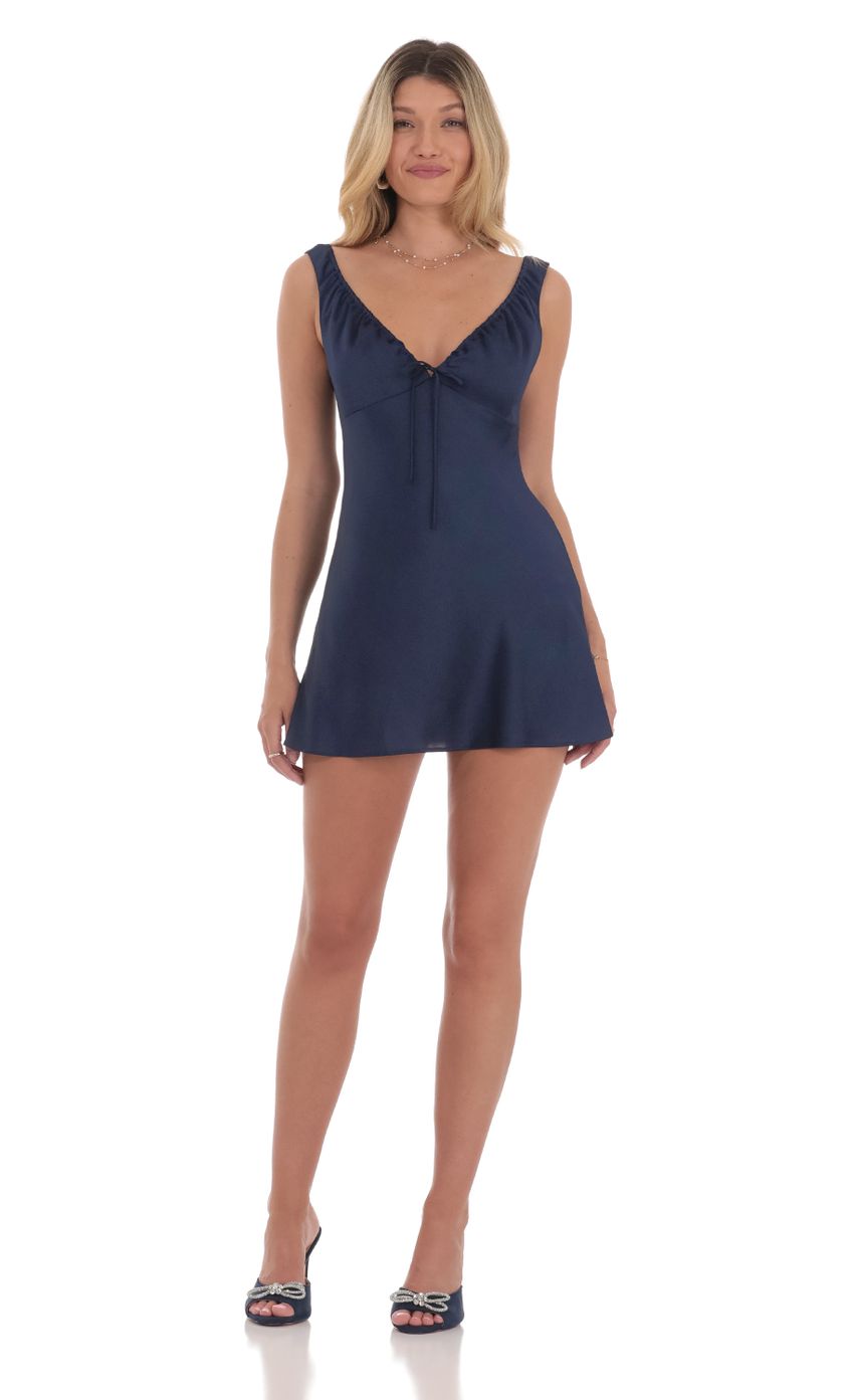 Satin V-Neck Dress in Navy