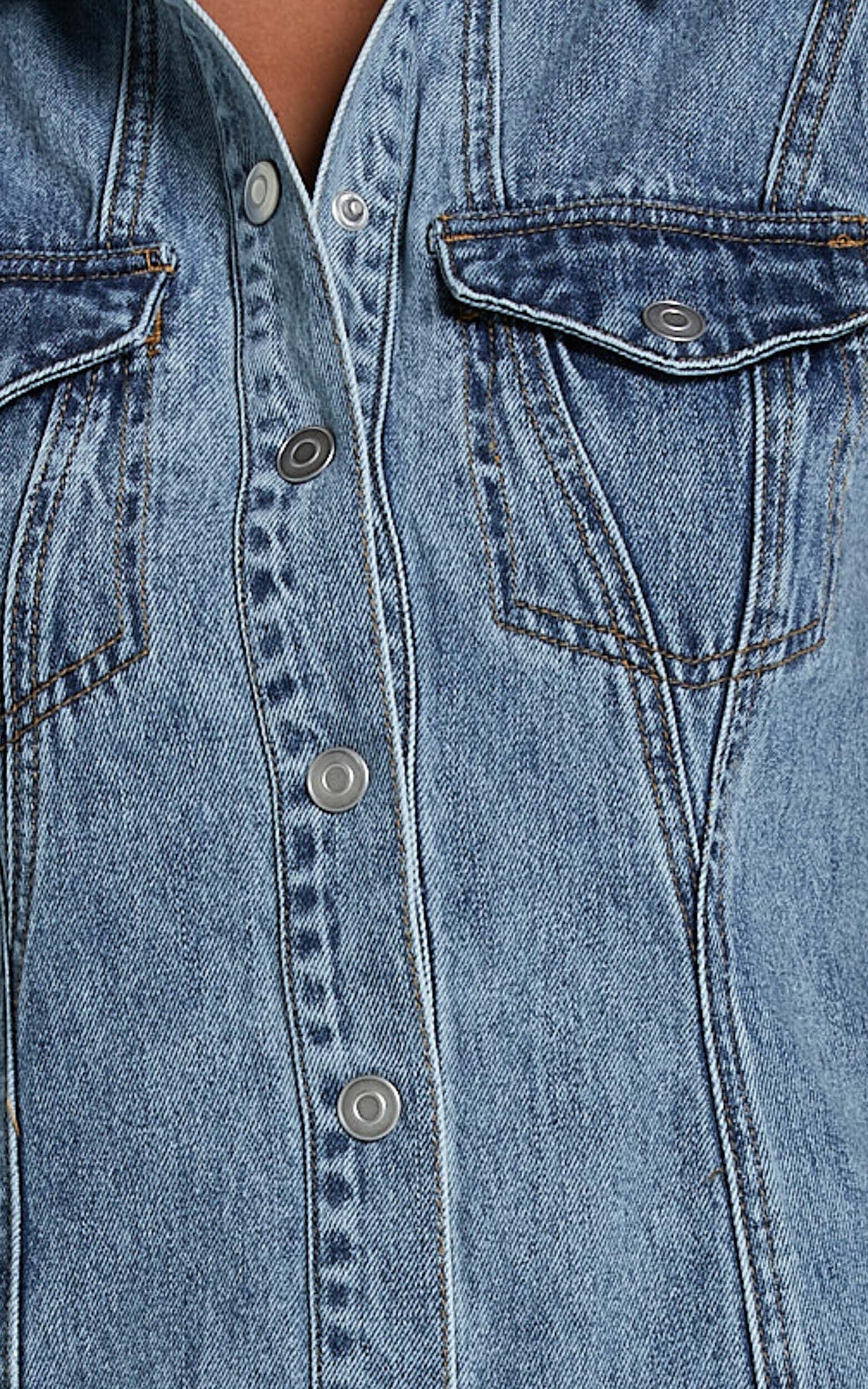 Gigie Mini Dress - Button Front Collared Denim in Mid Blue Wash