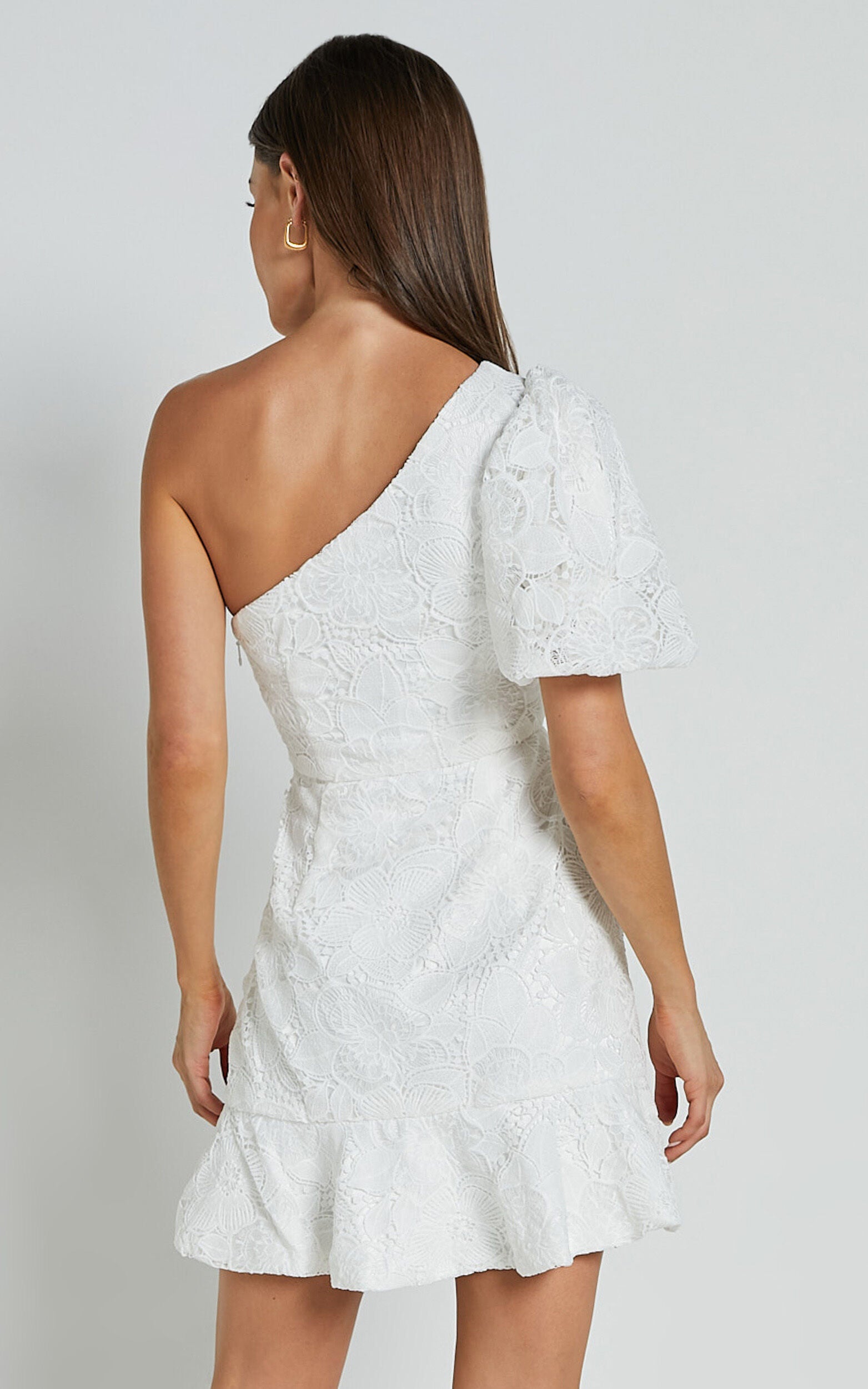Jenny Mini Dress - One Shoulder Side Cut Out Lace Dress in White