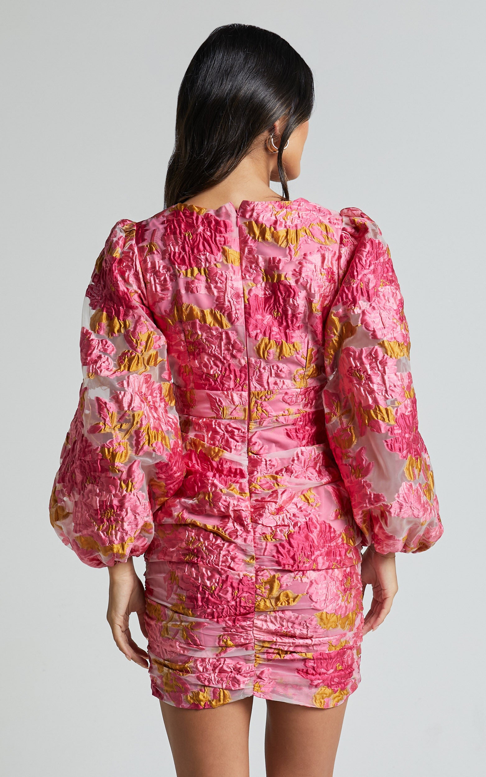 Farrah Mini Dress - Plunge Neck Long Sleeve Bodycon Dress in Pink