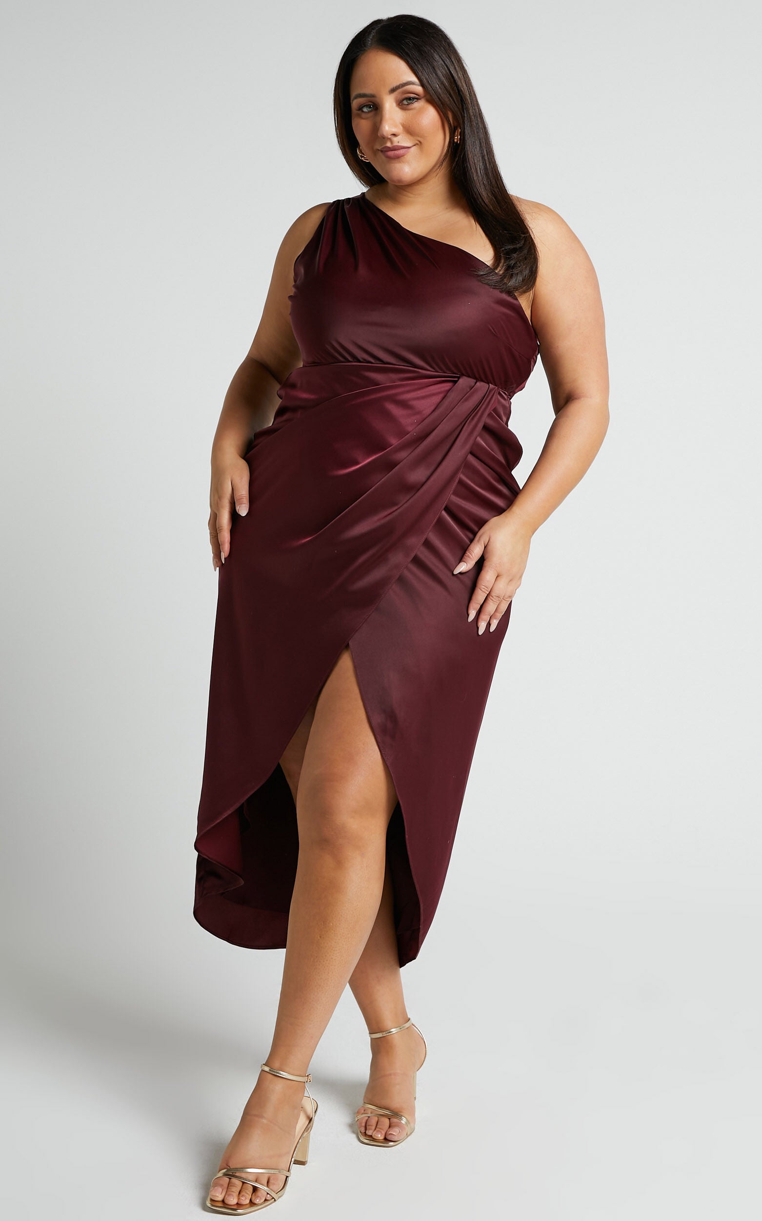 Felt So Happy Midi Dress - One Shoulder Drape Dress in Wine