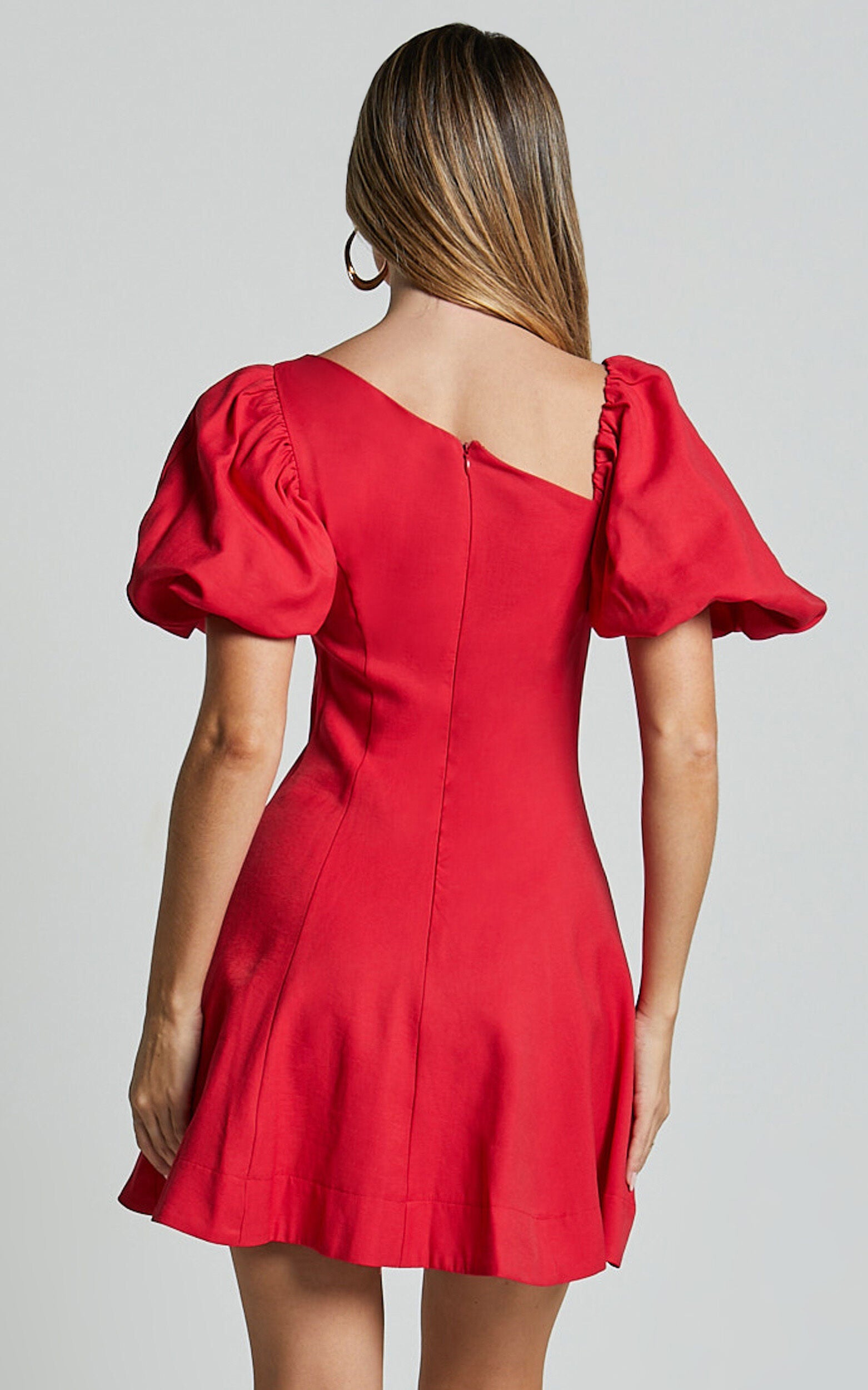 Harlow Mini Dress - Asymmetric Puff Sleeve Flare Dress in Red