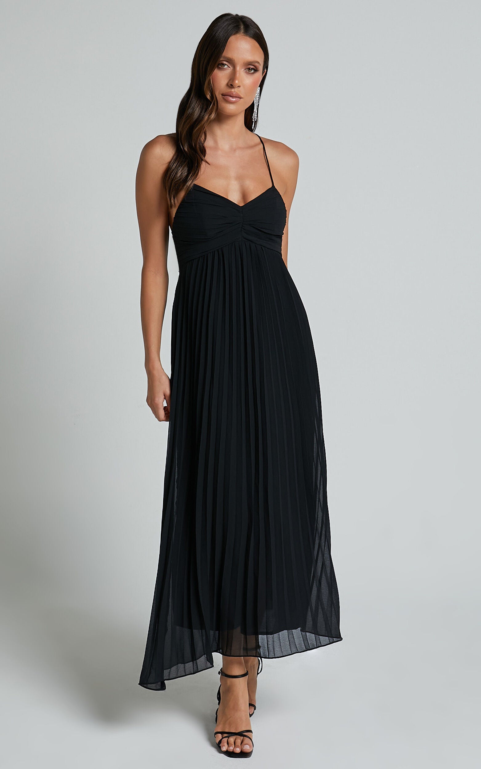 Jodie Midi Dress - Pleated Chiffon Ruched Bust Midi Dress in Black
