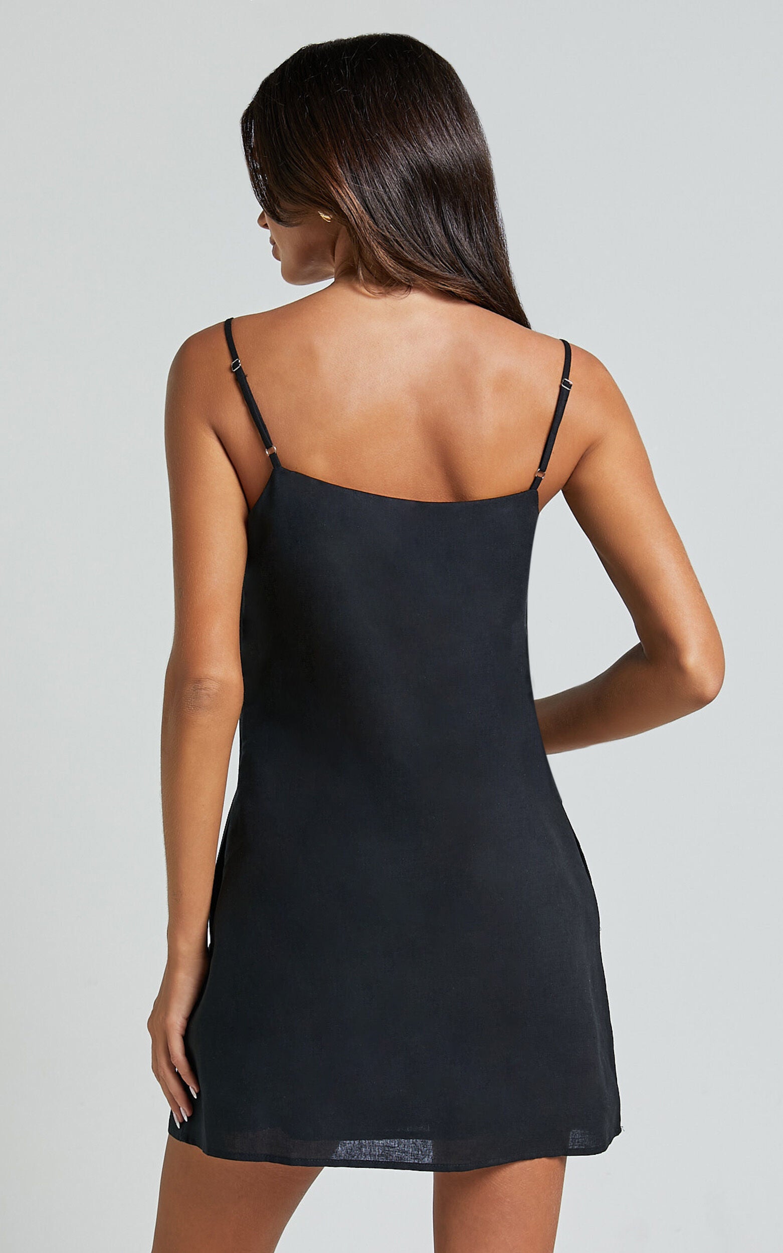 Mavie Mini Linen Dress - Linen Strappy Shift Dress in Black