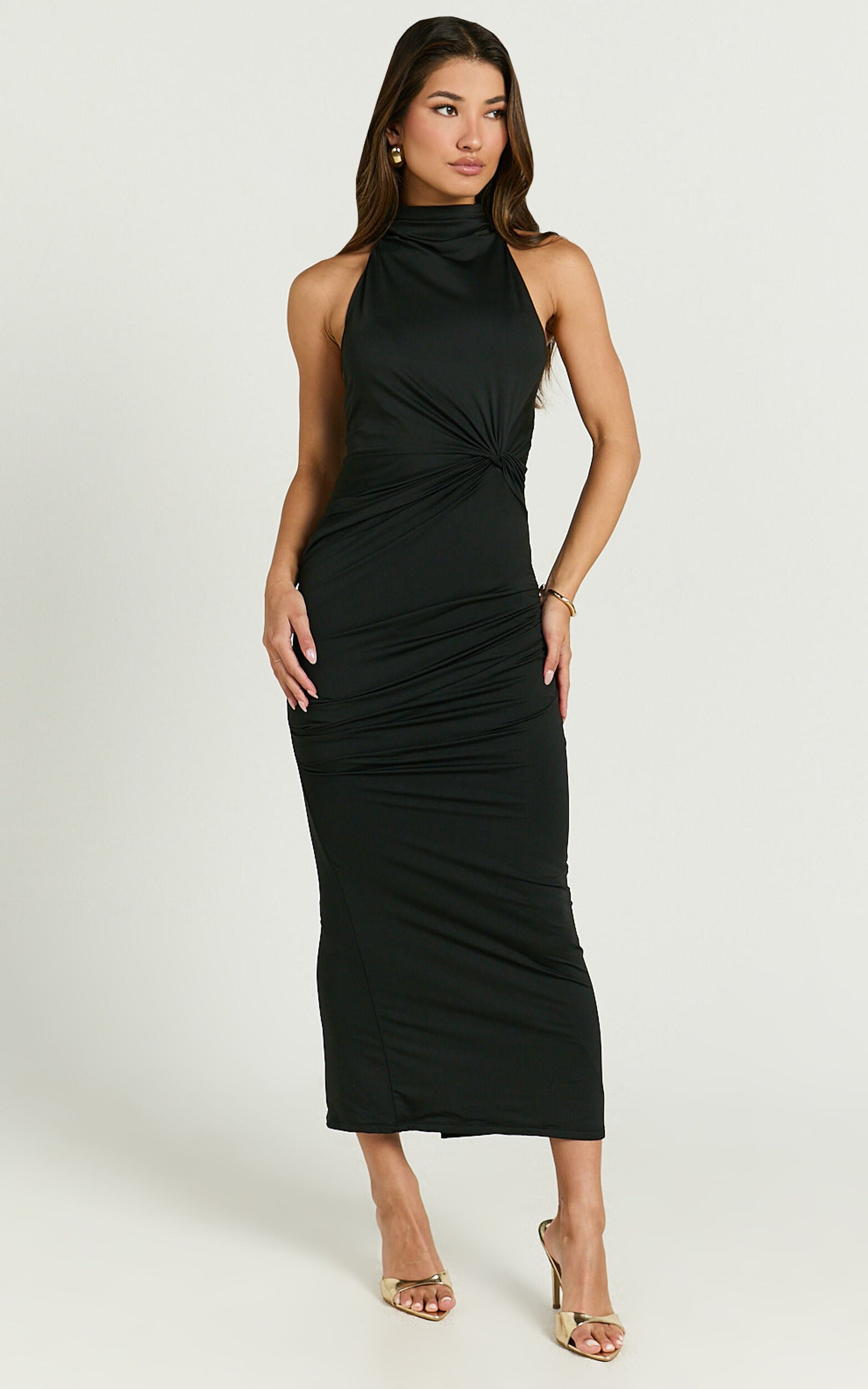 Olenna Midi Dress - Halter Neck Twist Detail Tie Back Dress in Black