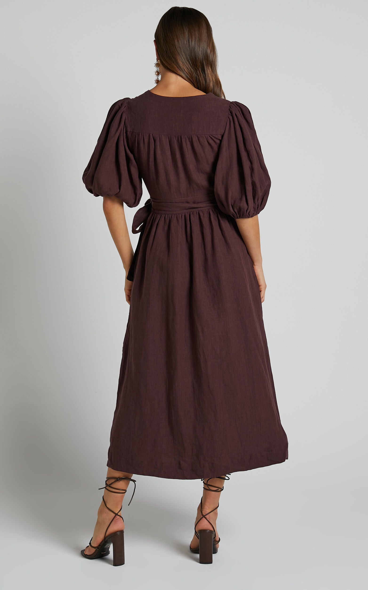 Amalie The Label - Franc Linen Puff Sleeve Wrap Midi Linen Dress in Dark Plum