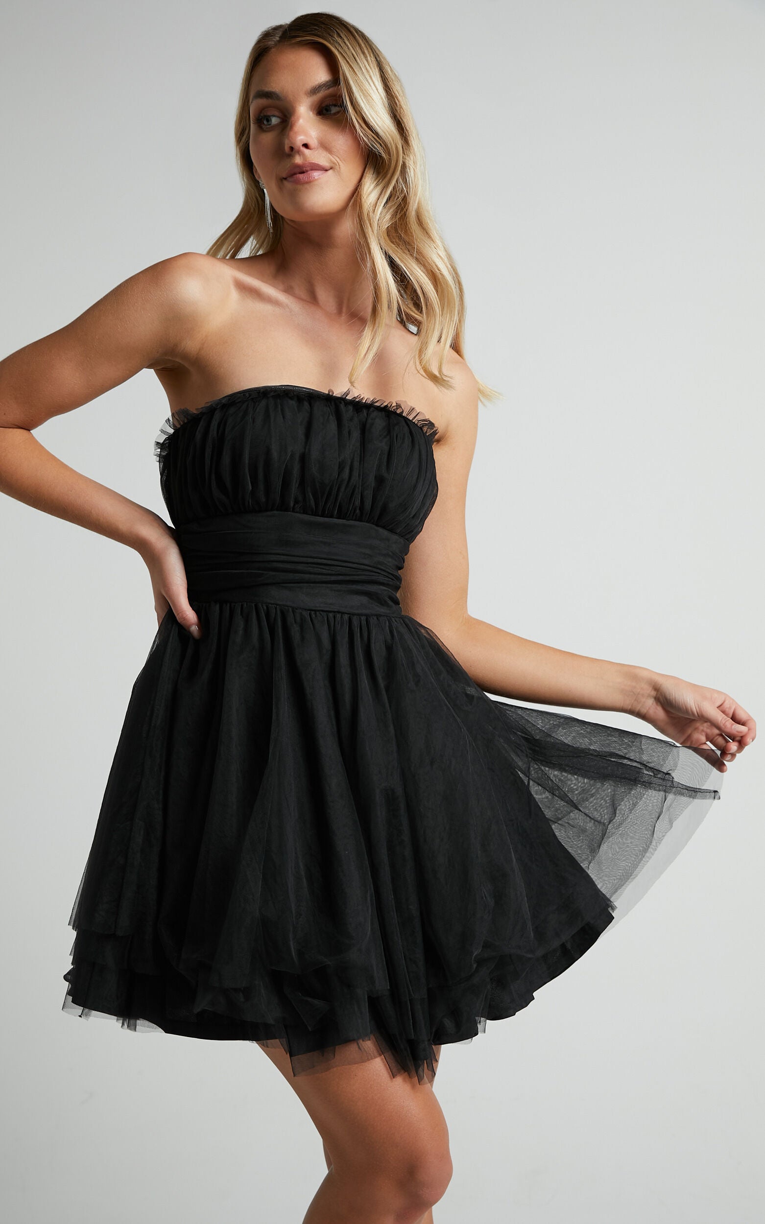 Brooke Mini Dress - Tulle Frill Detail Mini Dress in Black