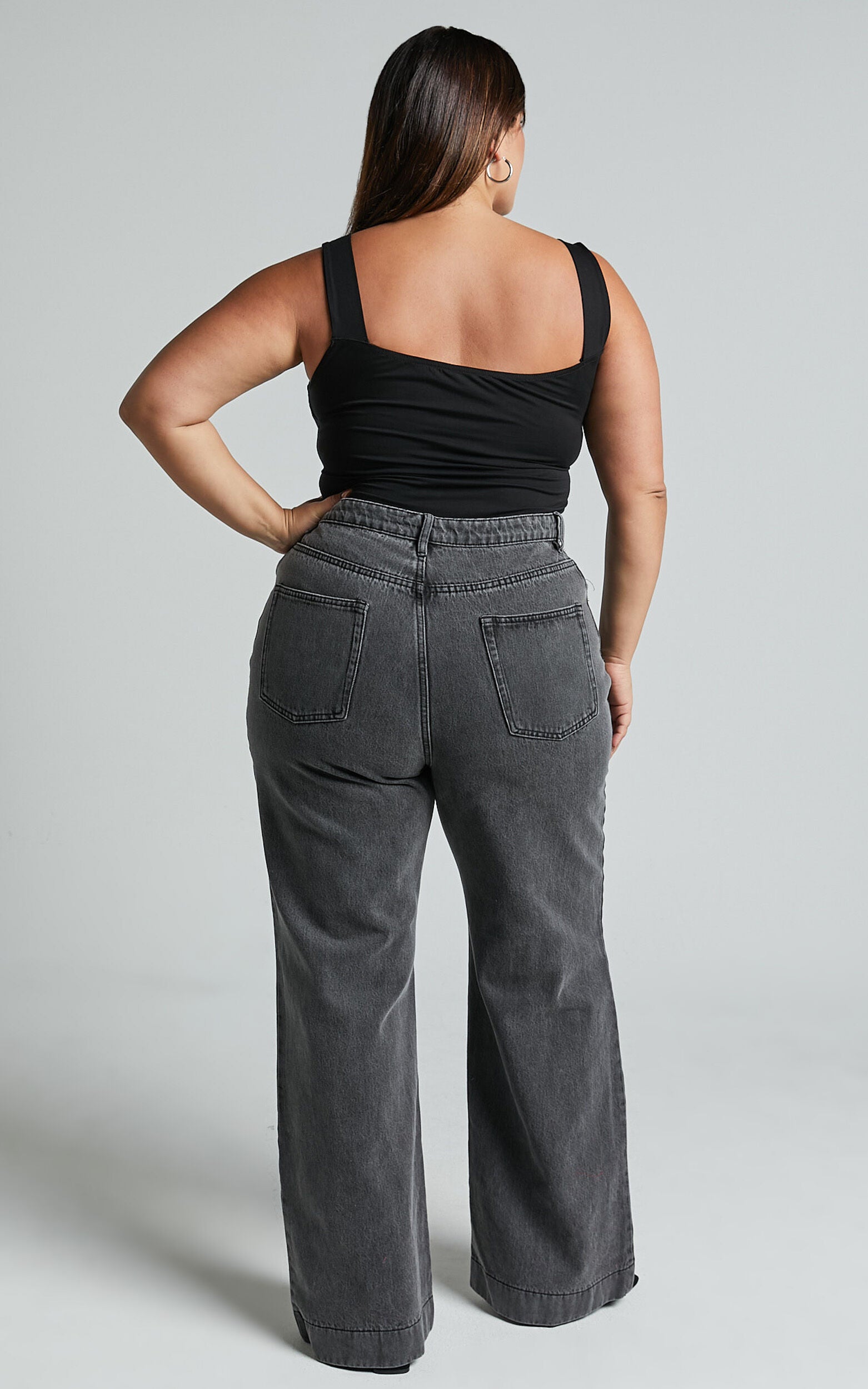 Emman Jeans - High Waisted Cotton Wide Leg Denim Jeans in Washed Black