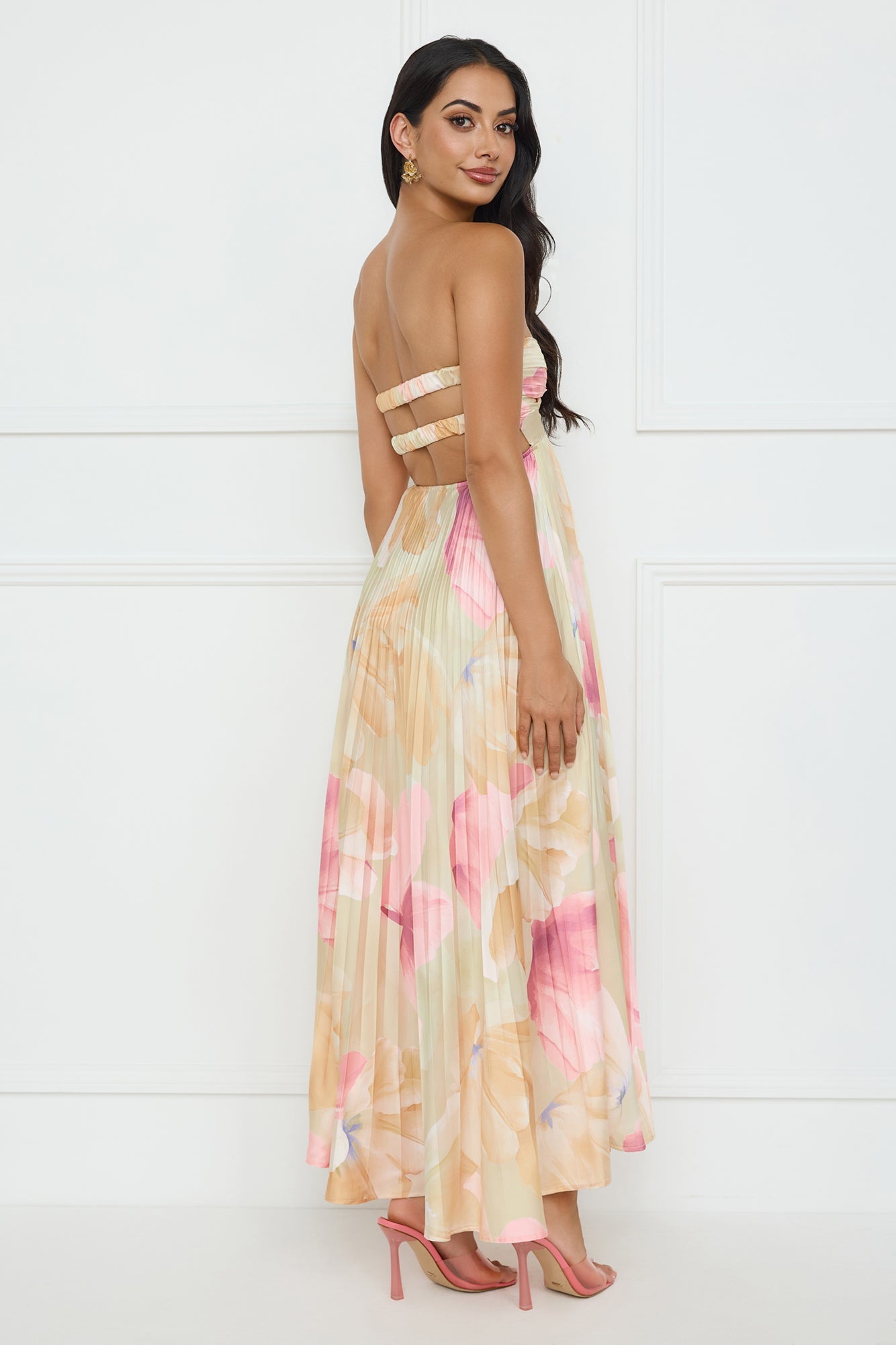 Sea Goddess Strapless Satin Maxi Dress Print