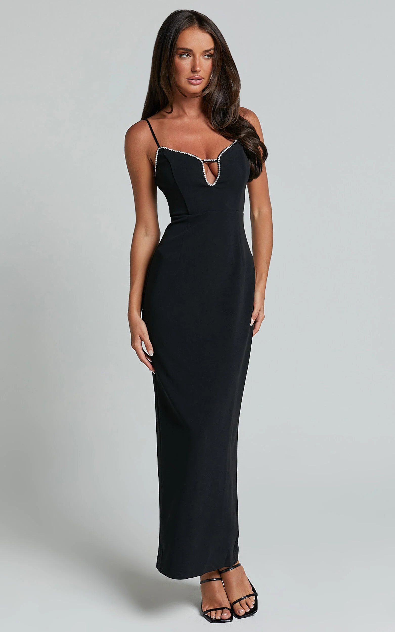 Felicity Midi Dress - Plunge Diamante Detail Dress in Black